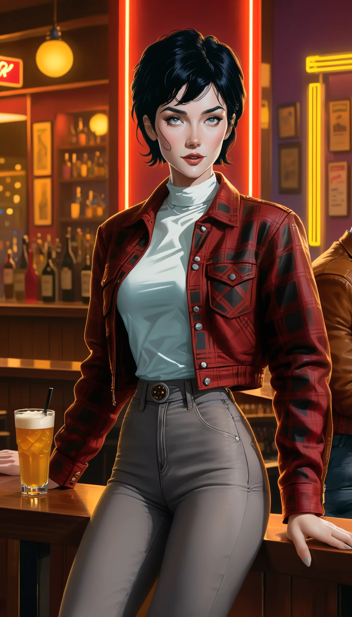 (solo, flat chest, 1 fit girl, masterpiece, realistic body proportions, best quality, small closed breasts, closed flat chest) A photo of a young cool woman in a 90's america setting. She is standing in a retro 80's bar (night time, neon night lighting), resting in a cool and relaxed pose. (The woman is slender with a well-defined fit build and super narrow wasp-waist, long strong legs). She has short black hair. Her eyes are grey, expressive, and have a grey hue. She is wearing (a form-fitting a white shirt with buttoned collar, a checkered red and black lumberjack jacket, black jeans sitting high at the waist). Next to her lies a longsword with a simple yet elegant design, planted in the ground. The background consists of warm and cozy restaraunt with retro estetics (90's vibe). The atmosphere is calm, with soft, diffused night lighting. Ensure the proportions of her body are realistic, and the pose conveys a dynamic yet relaxed feel.