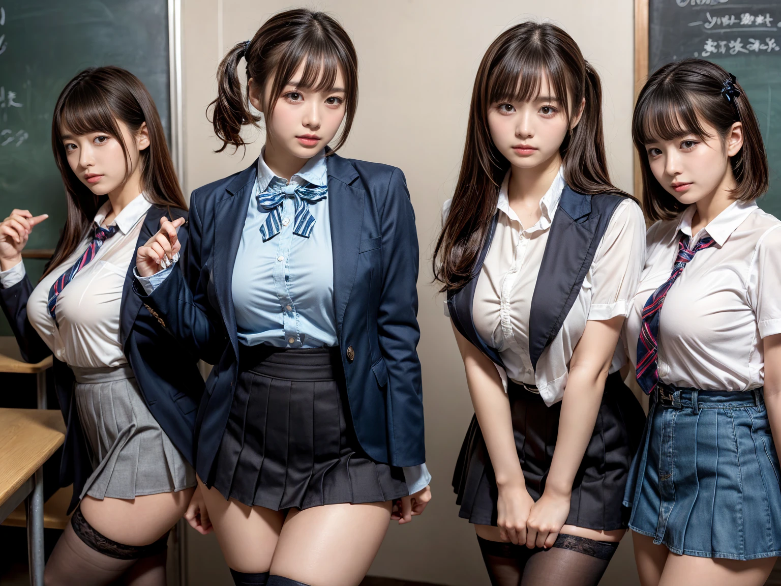 masterpiece, best quality, illustration, Super detailed, fine details, High resolution, 8K,wall paper, perfect dynamic composition,(Details High quality, realistic depiction of eyes:1.3), (2 girls, 2 schoolgirls:1.2), from side, High School Classroom、High school girl uniform、blazer 、Super Short Check Uniform Skirt、Navy blue high socks、garterbelts、Colossal tits、Disturbed uniform,  short bob hair, black hair color, huge breasts, Big Natural Color Lip, bold sexy pose, (perfect body shape), crying a little、 Harajuku style、20 year old girl、 beautiful legs, hposing Gravure Idol, Voluptuous thighs