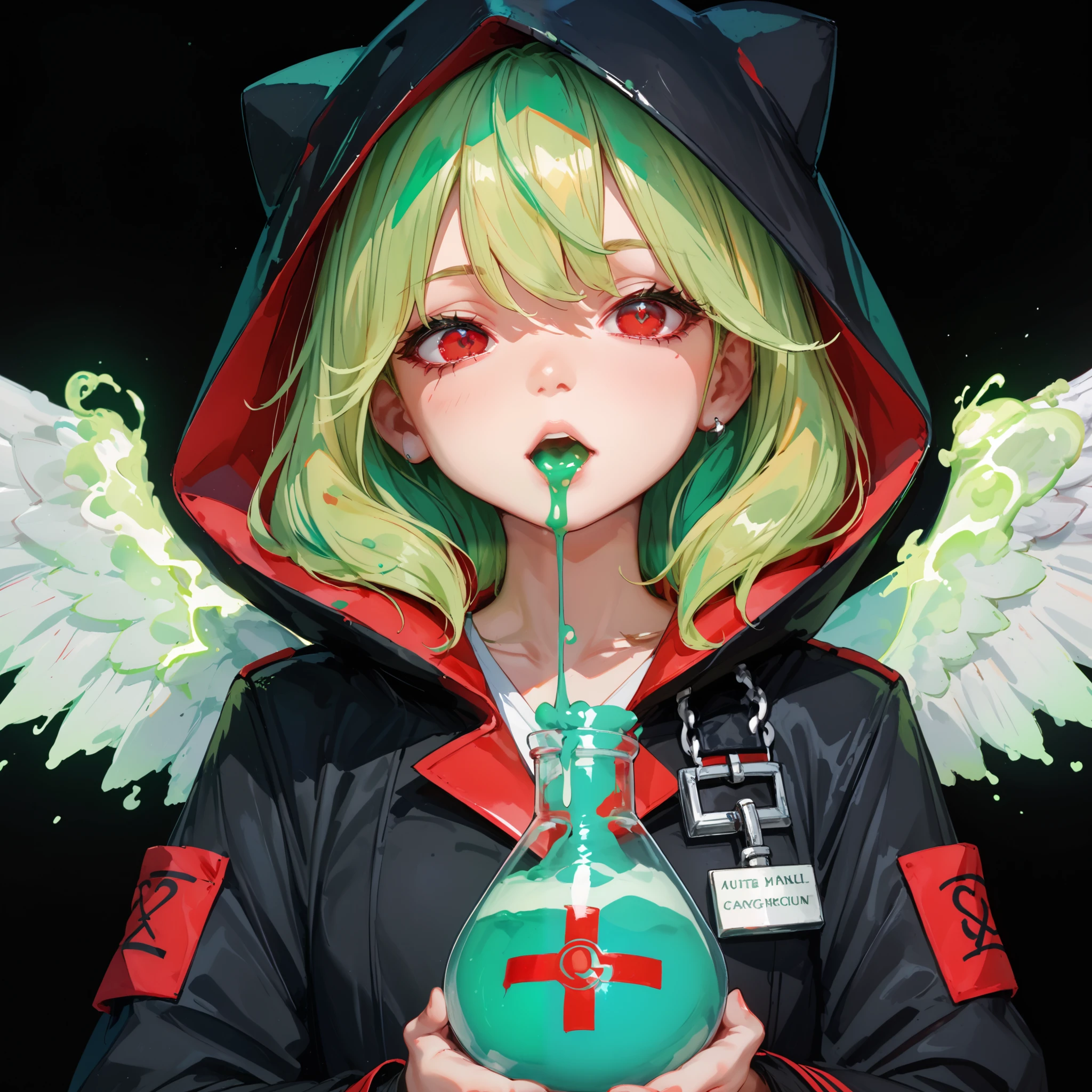 1 anime chan , blonde , red eyes ((( his eyes are red , The red-eyed , red eyes ))), hood, light golden hair, brought a flask with a green glowing green liquid to her face. The girl was wearing a medium-length black coat with , in the hood, neon green poison with bubbles , spilled around , rages , neon green aura , black background , (green hair tips) , white wings behind me