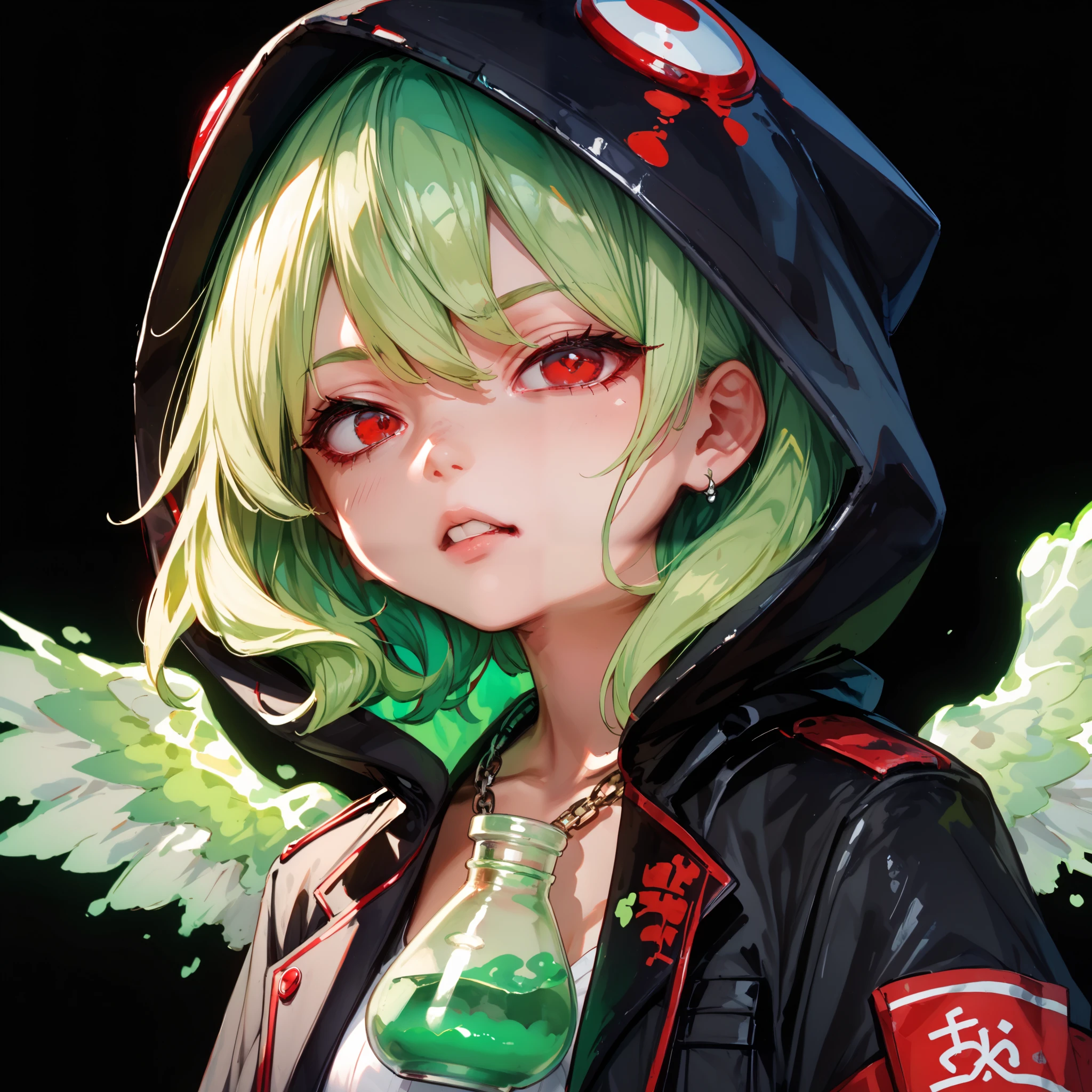 1 anime chan , in profile , блондинка in profile , red eyes ((( his eyes are red , The red-eyed , red eyes ))), hood, light golden hair, brought a flask with green glowing green liquid to her face. The girl was wearing a medium-length black coat with , in the hood, neon green poison with bubbles , spilled around , rages , neon green aura , black background , (green hair tips) , white wings behind her
