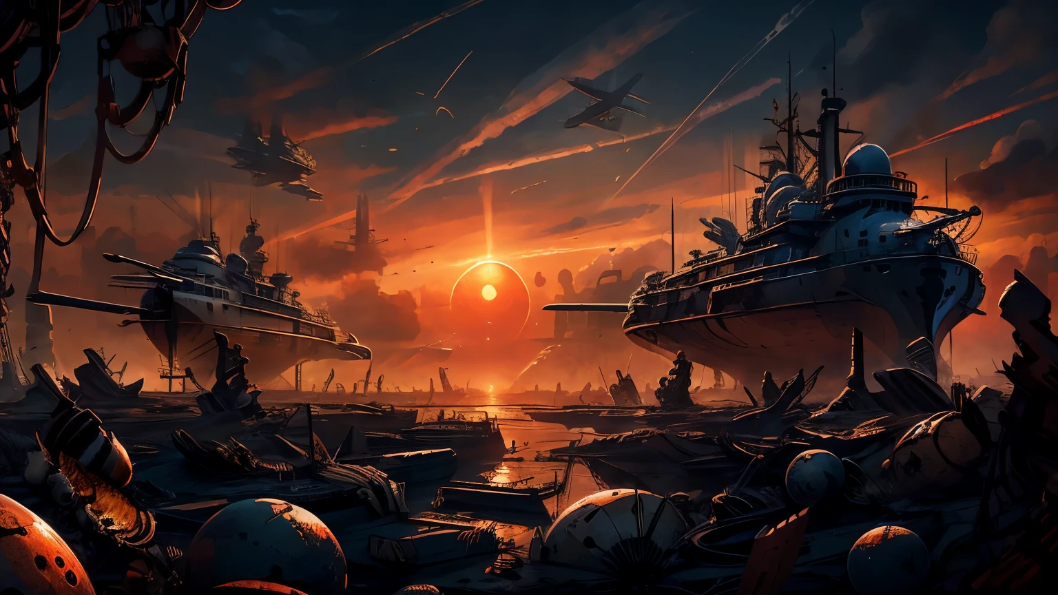 (( Soratrobo's Worldview )), Graveyard of Air Battleships ,sunset, Iron Rust Is Decaying,(Floating in the air),wreckage,Slam Style ,