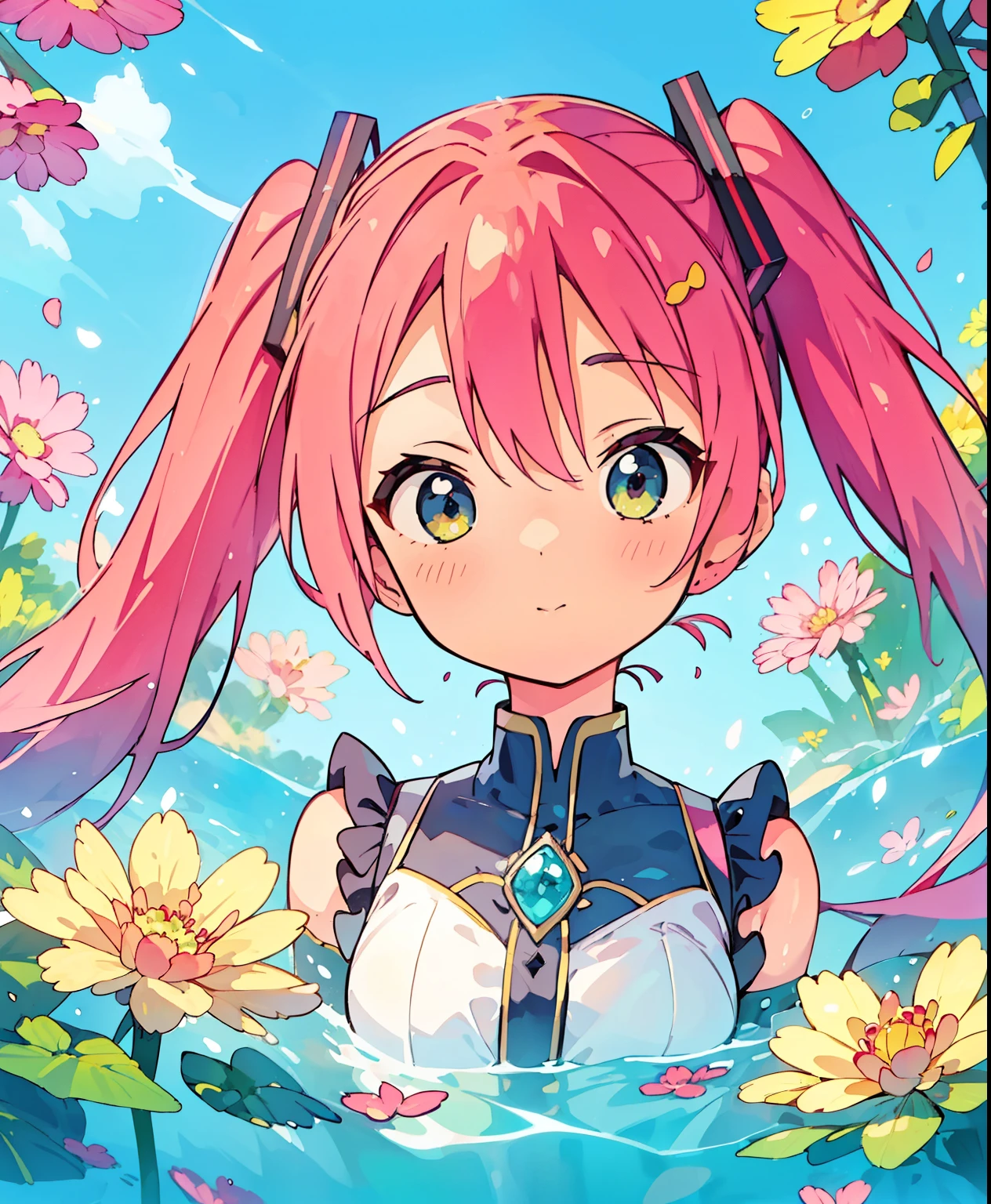 (Masterpiece、 best quality 、 best quality 、 Official Art、  beautiful and beautiful  :1.2)、( One Girl:1.3) Hatsune Miku、 twin tails, beautiful breasts , create abstract works of art , flower柄の服を着たイブの全身像を表現力豊かな油絵のスタイルで. their covered body is covered by flower.  use vibrant color explosions including blue , yellow, red, white,  pink, black, Green.   to create a harmonious and dazzling visual experience 、The body is symmetrical and detailed  ,  add brilliant golden accents that emit light .  works that harmonize with the sky , Draw a frontal portrait of a , flower, water,  and create a harmonious and radiant visual experience .  each offers a gift 