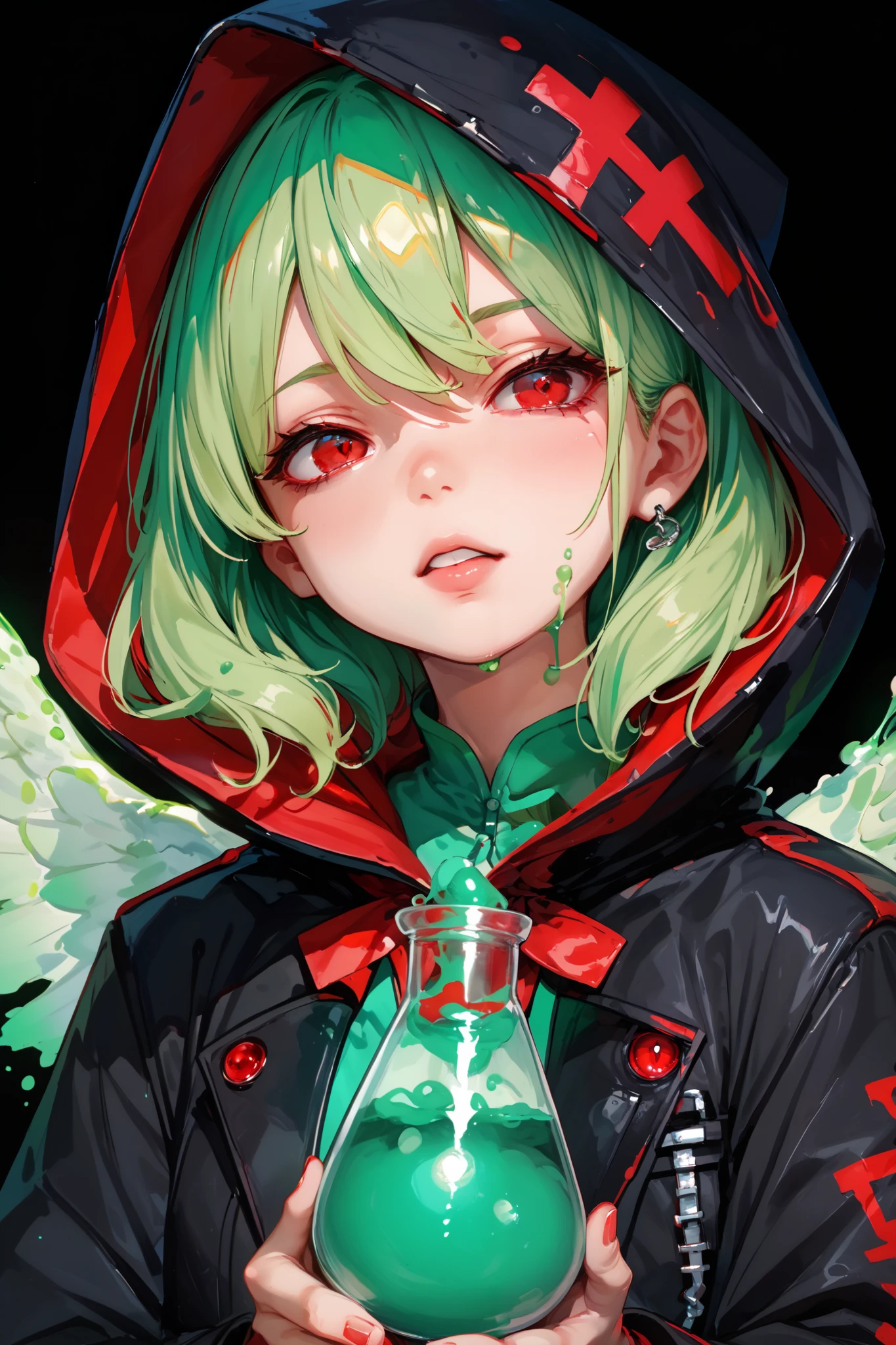 1 anime chan , in profile , блондинка in profile , red eyes ((( his eyes are red , The red-eyed , red eyes ))), hood, light golden hair, brought a flask with a green glowing green liquid to her face. The girl was wearing a medium-length black coat with , in the hood, neon green poison with bubbles , spilled around , rages , neon green aura , black background , (green hair tips) , white wings behind me