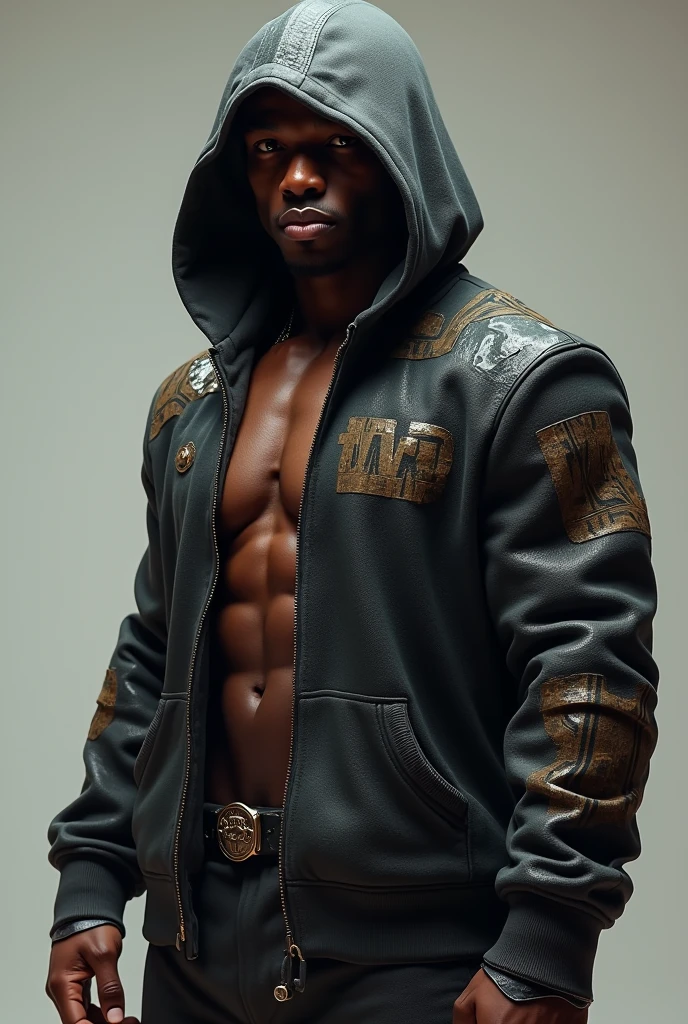 A young dark skin man in a dark busines casual suit. Anatomicaly accurate. Dark Wood armor in the shoulder and chest. Tatoo in the neck, hand and arm.