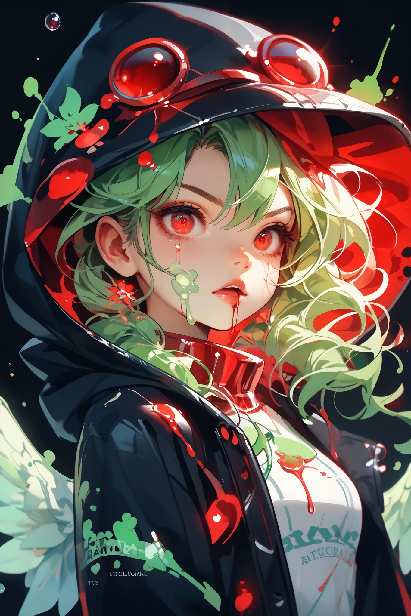 1 anime chan , in profile , блондинка in profile , red eyes ((( his eyes are red , The red-eyed , red eyes ))), hood, light golden hair, brought a flask with a green glowing green liquid to her face. The girl was wearing a medium-length black coat with , in the hood, neon green poison with bubbles , spilled around , rages , neon green aura , black background , (green hair tips) , white wings behind me