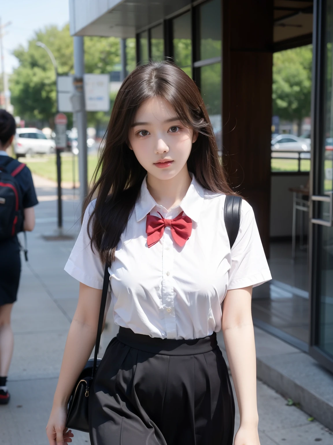 8k resolution), (RAW photo), (best quality), (masterpiece:1.5), (photorealistic:1.5), (photorealistic)), vibrant detail, ultra-realistic, (cute: 1.2)((school uniform)), (jk)))), road, intersection, big breast, close up