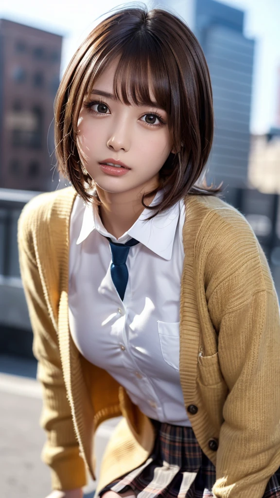 (Cowboy Shot)、alone、suzukaze aoba, Headband, cardigan, Side Tail, Dark brown hair, Black bow tie, Sitting, desire,compelling glances,Hyperrealism, Original Creation, High quality 8K backgrounds, Intricately etched, Visually stunning, aesthetic wonder, Perfect excellence, The intense ambiguity, Calm colors、(Very short hair)、Beautiful woman,(school uniform)、Plain Shirt、Shirt with emblem on chest, Pleated skirt、Calm expression、smile、(((weak)))、((Delicate painting)),(Detailed RAW photos of girls), (highest quality:1.6), (Ultra-high resolution:1.5), (Realistic:1.75), 8K resolution, Canon EOS R5, 50mm, Absurd, Very detailed,Cinema Lighting,((Spread your legs))、((Panties are visible through the gap in the skirt))、((defenseless))、(cute printed panties)、(Wear socks)、Browsing Caution:0.2