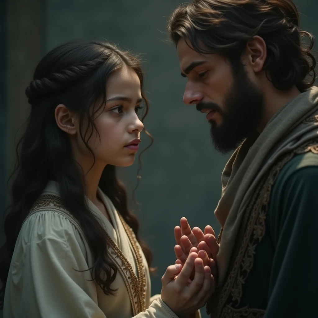 The girl, with a stony gaze, listening in complete silence and attention to the man's words, as if they were sacred verses.