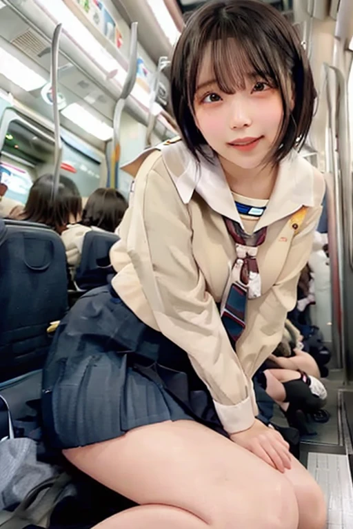 8RAW Portrait ),{masterpiece},{PhotoRealistic:1.3}、{Realistic}, {Ultra-high resolution}, highest quality, Real Life Photos ,((A girl sitting on a train seat on Line and looking at her smartphone))、((((1 girl:1.5)))), ((
White min skirt and White short-sleeved blouse:see-through:Bra))、((Japanese High School Uniform:1.6))、{{short bob hair}}、(Written boundary depth:1.3)、 (())、(Real skin texture:1.3)、(Immersive atmosphere:0.8、Chiaroscuro:1.2) 、(Look Viewer:1.3)、(())、((Red cheeks:1.1))、((She is so small, Realistic, Colorful panties made of lace.))、((Showing panties:1.4))、((A woman rolling up her white minskirt))、((Emphasize panties))、、((Spread your legs out to the side:1.4))、Detailed panties pattern、Panty Focus、{{Red earrings:1.5}}