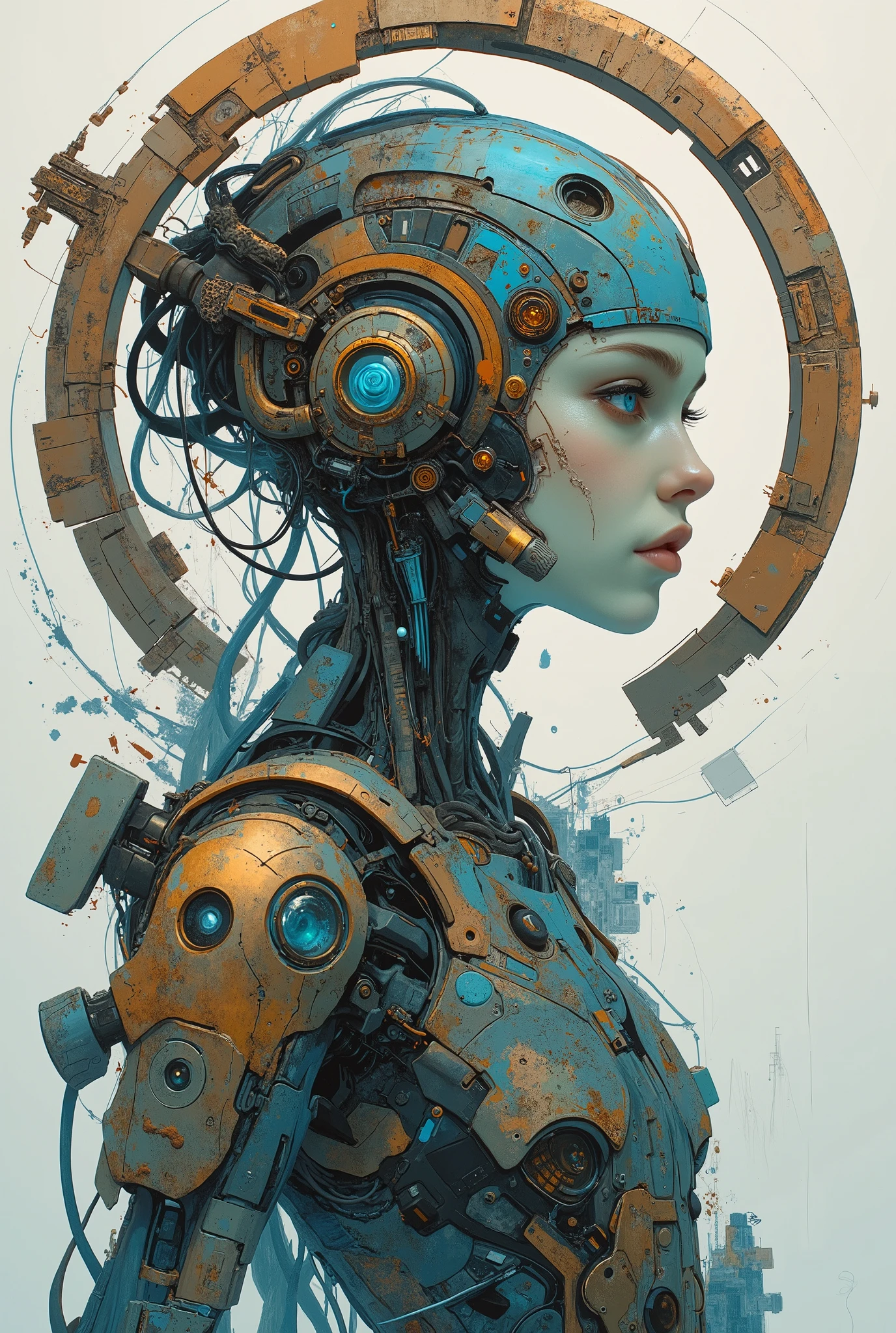 Female with soft features, oil painting style blended with surreal futuristic abstraction, minimalist, highly detailed with patina circuitry intertwined with a cityscape background, framed by corroded iron concentric tech-rings and corroded tech panels, enhanced with fluidity of alcohol ink, double exposure effects, corroded tech panel aesthetic, deep narrative, hyperrealism.