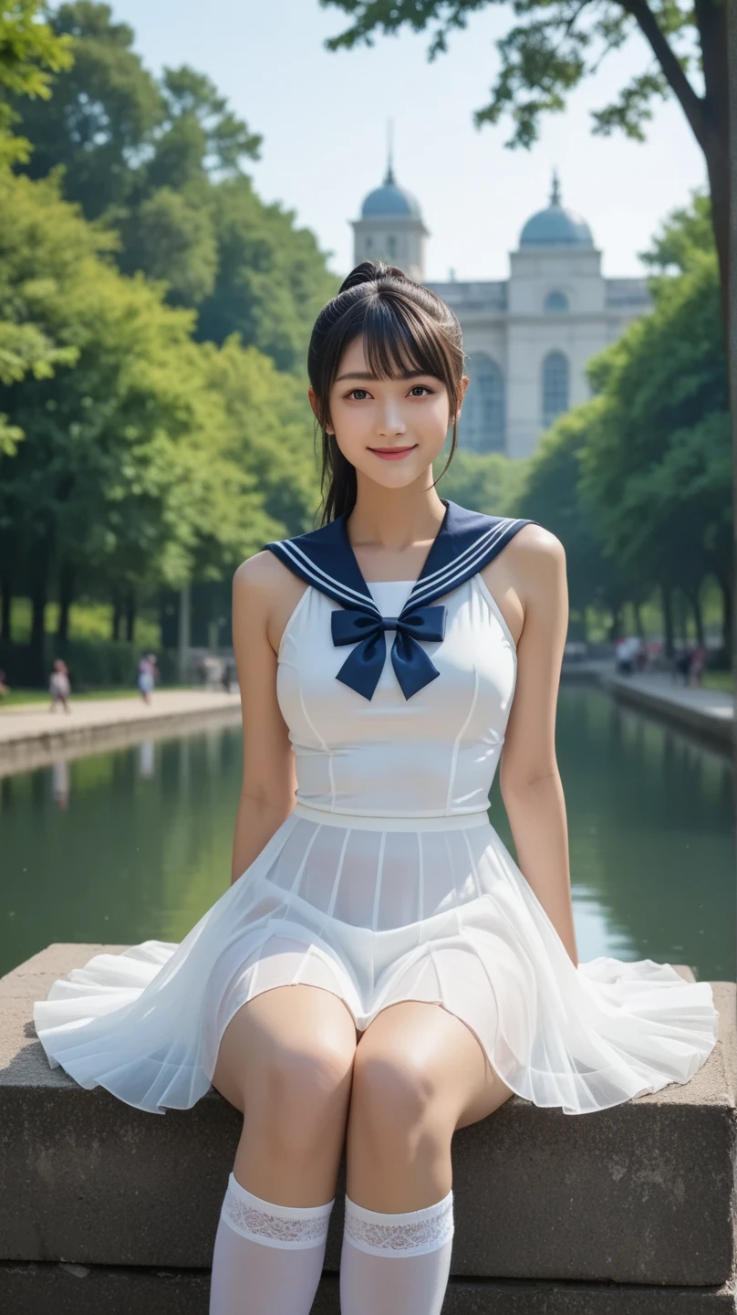 girl walking in city,sleeveless sheer pale-lemon-yellow leotard with all-white sailor-collar,white headband with pale-lemon-yellow ribbon-bow,18-year-old,bangs,a little smile,thighs,crotch,knees,straight hair,hair blown by strong wind,from below