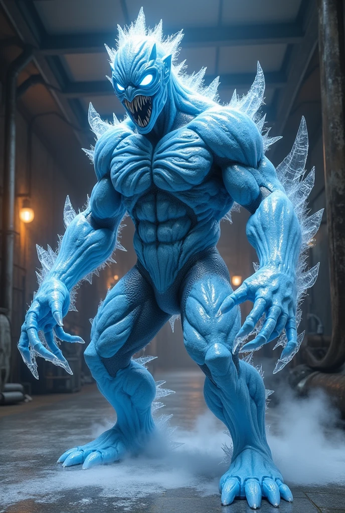 A being made of diamond, brawny, with crystals coming out of the back, brow, arms and calves