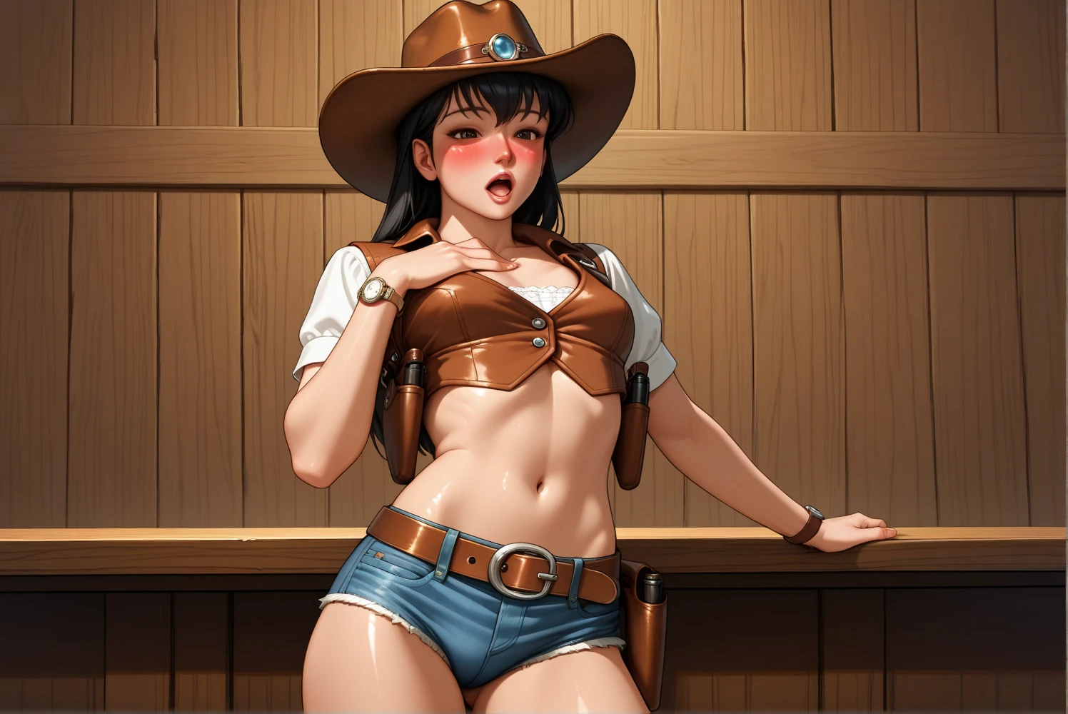 (((1 person:2.0))),(((NSFW:1.98)),(((Nude:1.8))),(((Naked Female Gunfighter:1.6))),(((Wear a gun belt with a holster:1.8))),((Put the watch on your wrist:1.5))),(((Showing cleavage))),(((Exposed thin inner thighs))),(((Small breasts:1.5))),(((Bare arms))),(((Put on your boots:1.5))),((Blushed:1.8)), Beautiful detailed girl, Very detailed目と顔, 緻密でBeautiful Eyes, Very detailed, High resolution, Highest quality, masterpiece, Very detailed, 8k wallpaper, wonderful, finely, Highest quality,(Standing in front of a wooden wall),Beautiful Eyes,((Engage your audience:1.5)),((Cowboy Shot:1.5))),((Front shot:1.5)),((Place your right hand on your chest:1.5)),((Drinking whiskey:1.4)),(((Drunk,Cry:1.8))),(((Sit with your legs apart:1.5)))