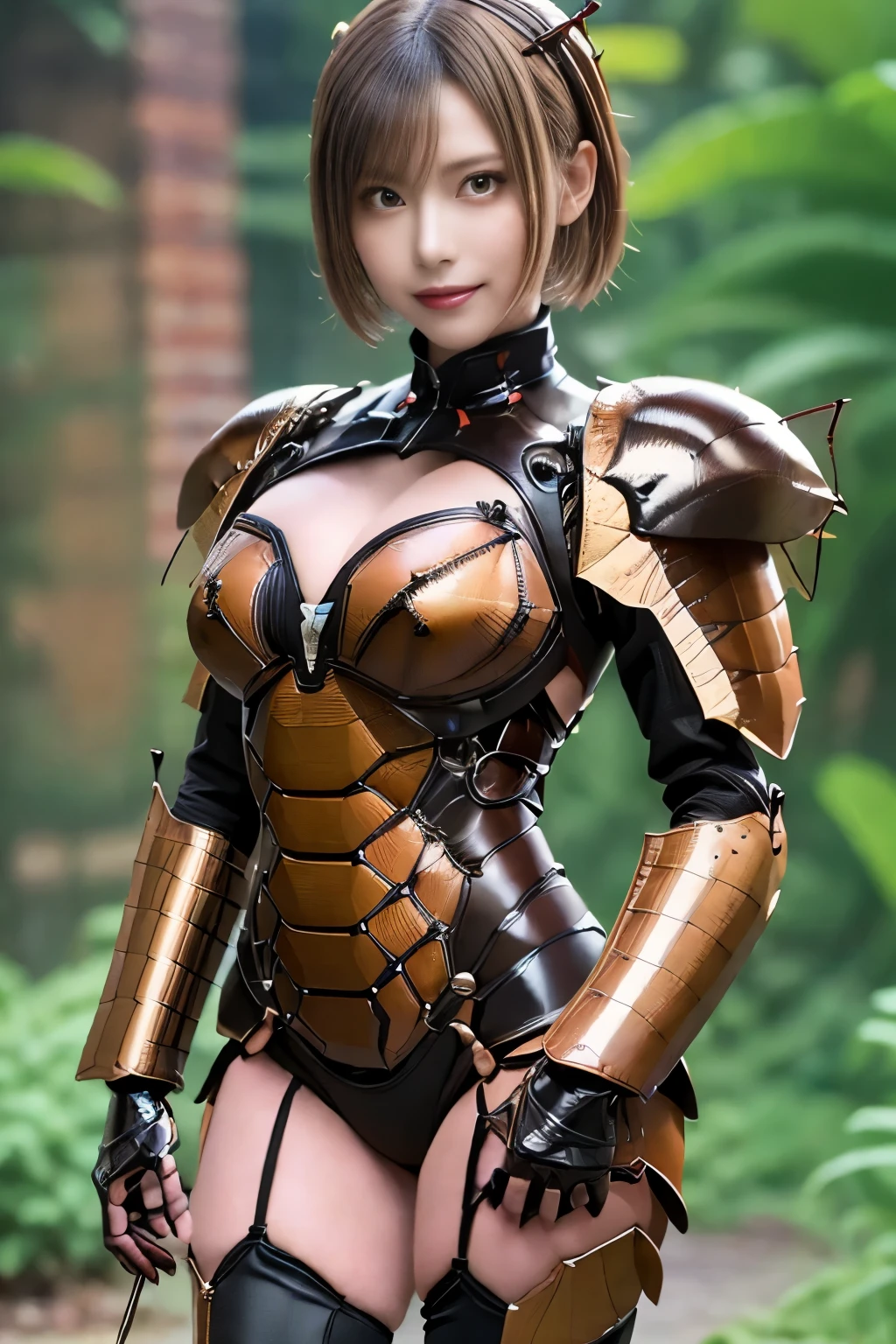 (high resolution,masterpiece,best quality,extremely detailed CG, anime, official art:1.4), realistic, photo, amazing fine details, all intricate, gloss and shiny,awesome many layers, 8k wall paper, 3d, sketch, kawaii, illustration,( solo:1.4), perfect female proportion,villainess, (fusion of dark brown cockroach and lady:1.4), (brown cockroach form lady:1.2), (brown cockroach lady:1.2), (fusion:1.2), (solo:1.4), (evil smile:1.2), muscular, abs, (cockroach brown exoskeleton bio insect suit:1.4), (cockroach brown exoskeleton bio insect armor:1.2), (brown transparency cockroach wing:1.4), (brown cockroach antennae:1.3),