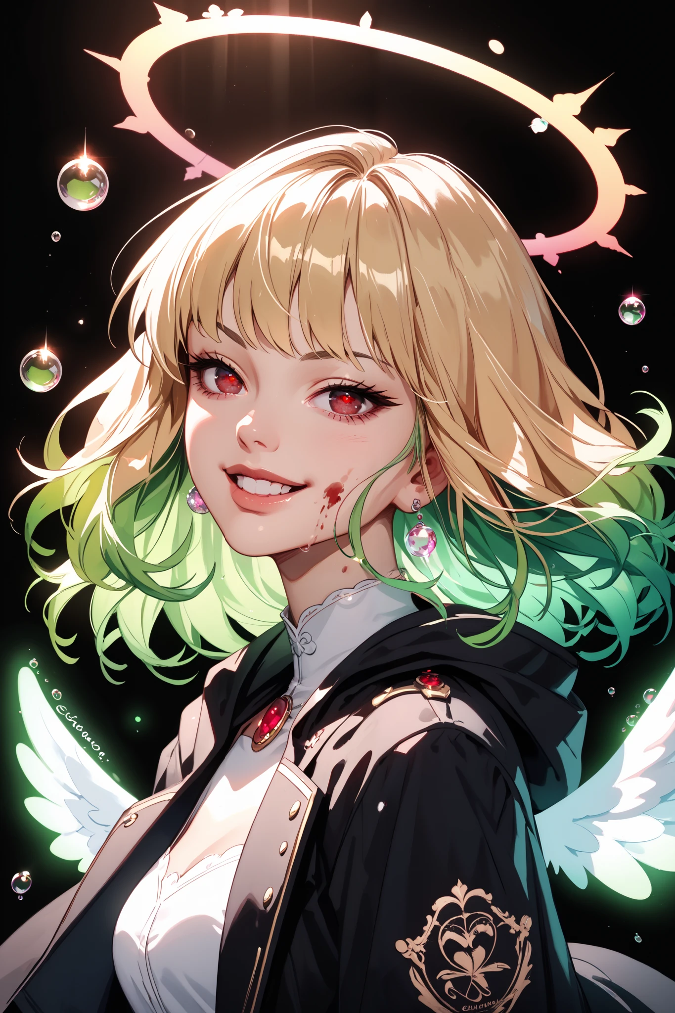 1 anime chan , with a sweet smile , Beautiful sweet smile, Angel , blonde in profile , red eyes ((( his eyes are red , The red-eyed , red eyes ))), hood, light golden hair, brought a flask with a green glowing green liquid to her face. The girl was wearing a medium-length black coat with , in the hood, neon green poison with bubbles , spilled around , rages , neon green aura , black background , (green hair tips) , white wings behind me , , a rainbow halo above your head, Shine, lines of motion , Lens glare, Concentration line, The back light , Silhouette, Trembling, chiaroscuro, Movie light effects , ray tracing, Divine rays , Reflected light, Fluorescence,
