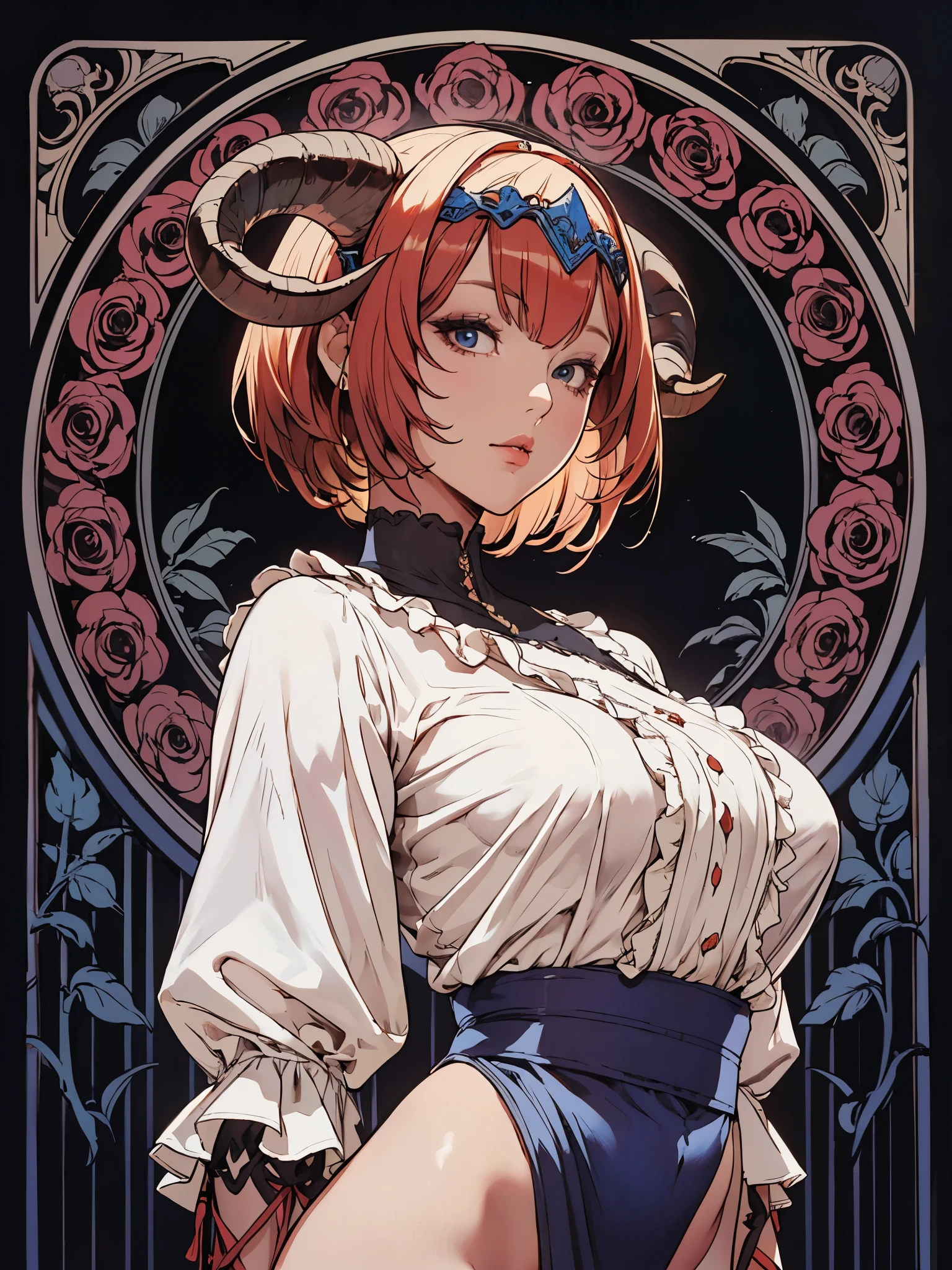 girl, wearing vintage blouse, highneck, ruched frills details, subtle vertical lines textures, ram horn hairband, short bob hair, looking at viewer, carnage headpiece with feathers details, decorative flowers backdrop, masterpiece, official art, blue satin, loincloth, medieval art, shiny black,