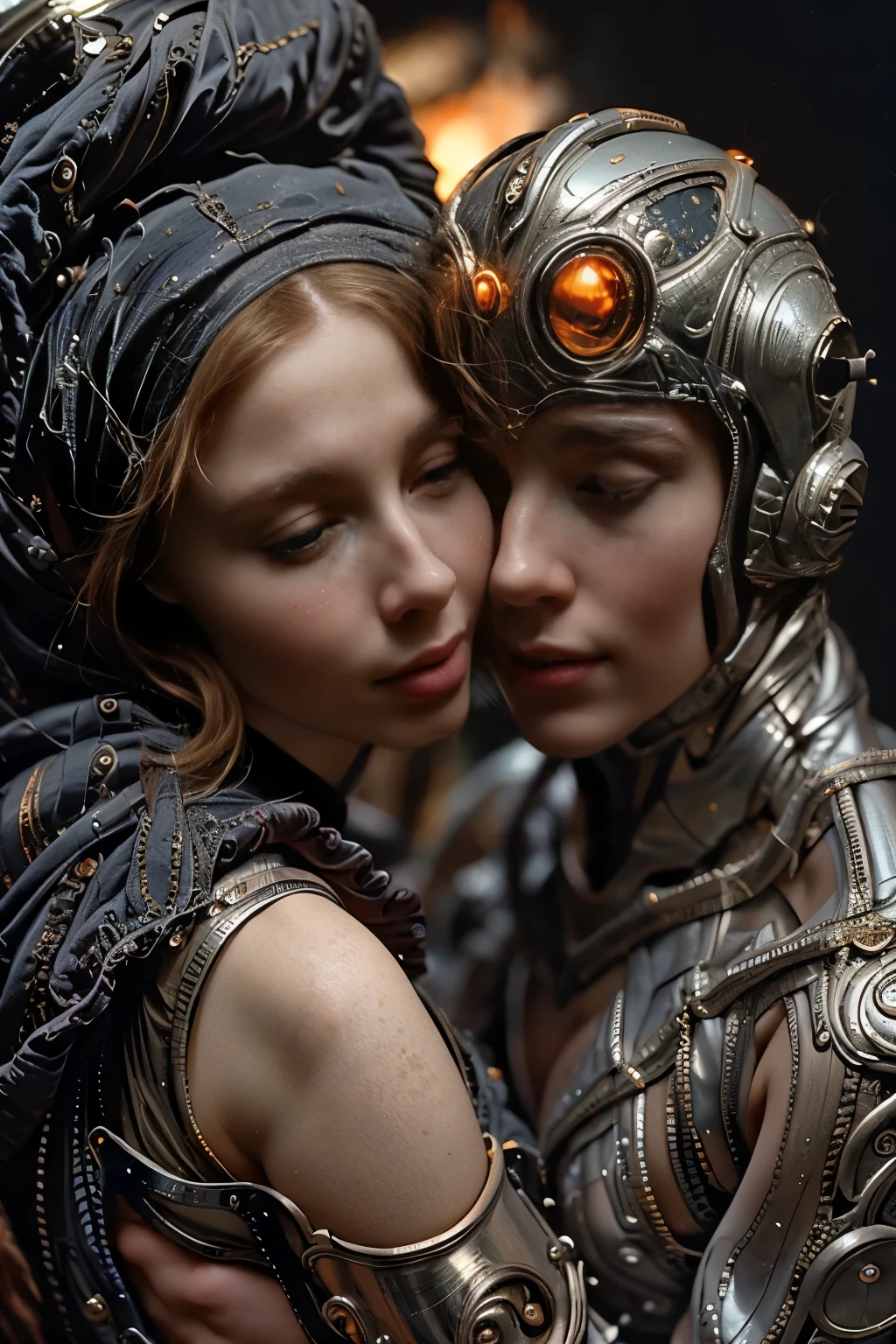 A beautiful 20-year-old woman in a spacesuit 、 smiles、Perfect proportions、A woman meets an alien man on an unknown planet , Women enjoy conversation with alien men , Alien men were a combination of humans and reptiles , the woman saw the Earth floating in the distance , full body, reality, anatomically accurate, Women have long legs、darksurrealism、masterpiece