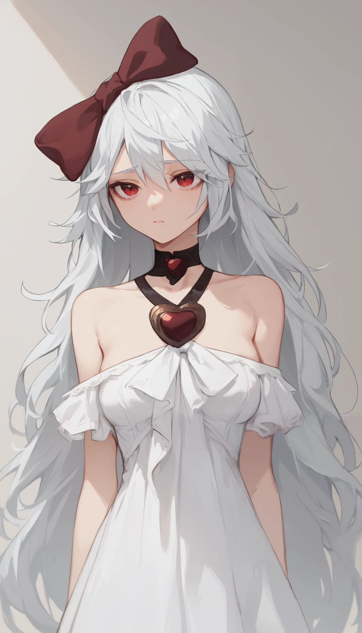score_9, score_8_up, score_7_up, sinestrea, 1girl, white hair, bare shoulders, white dress, frown hair bow, long hair, heart brooch, medium breasts, hair bow, ribbon, red eyes, Bedroom:1