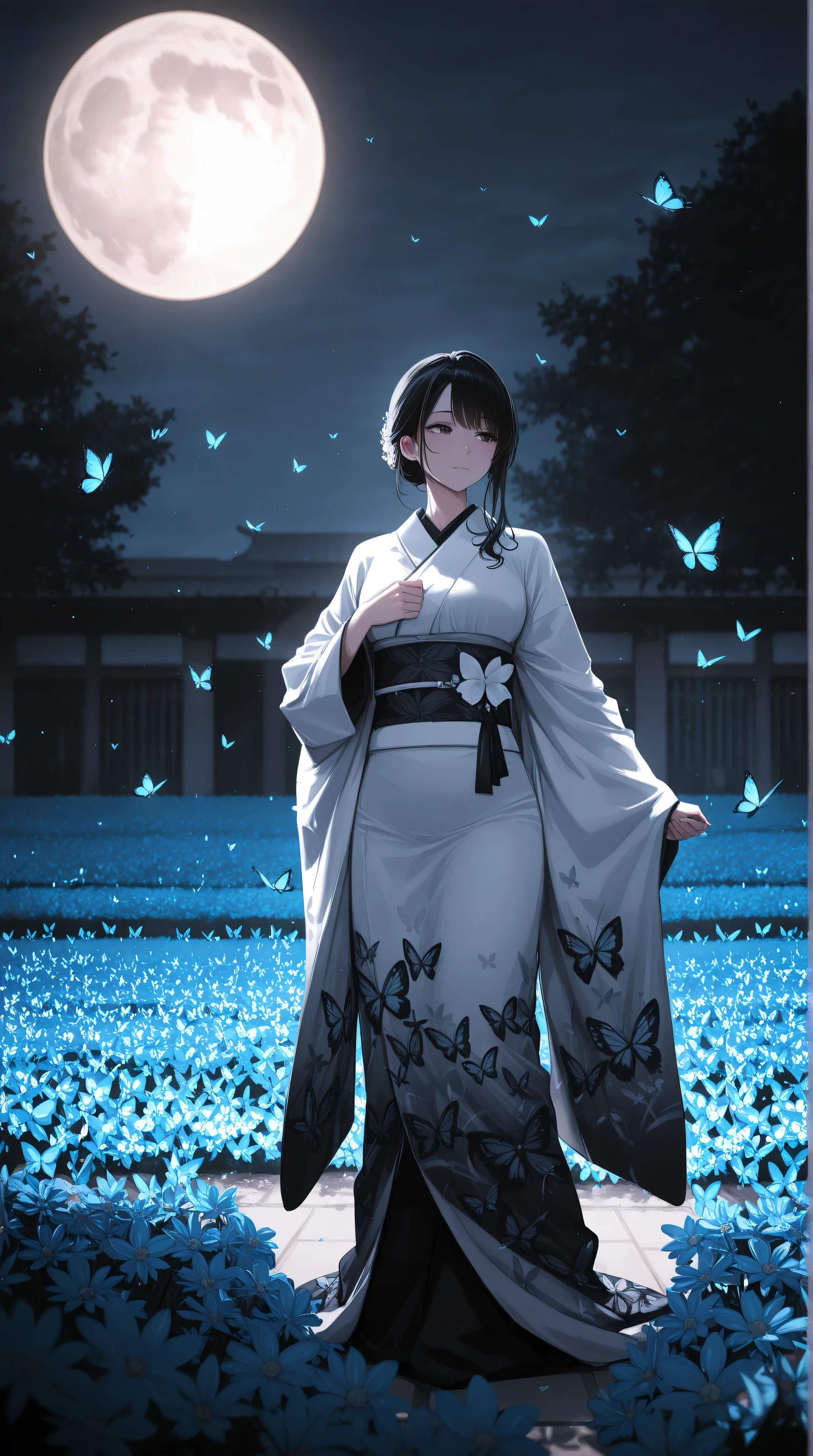 a beautiful young woman with long black hair in a flowing kimono, standing in a serene garden with a full moon, surrounded by butterflies and flowers, cinematic lighting, extremely detailed, 8K, masterpiece