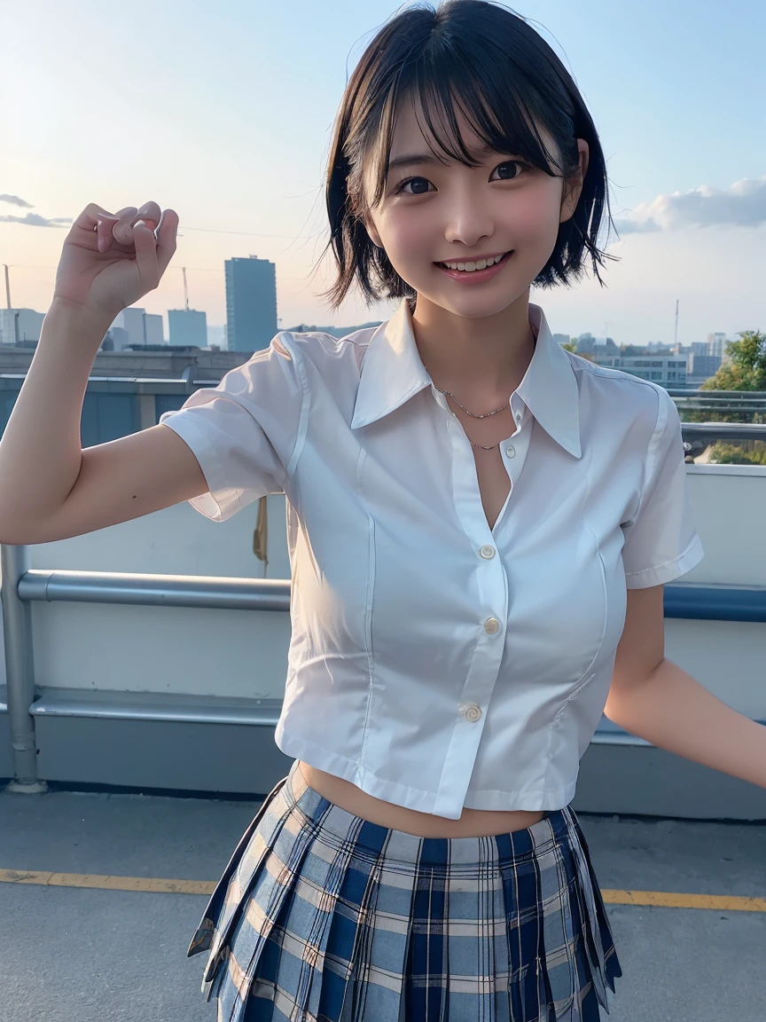 Highest quality, masterpiece, Ultra-high resolution,8K, (Realistic:1.6), (Selfie portrait) RAW Photos, 1 Girl,(Full of smiles, Showing teeth)), 22 years old,((Belly button fashion)),((Long skirt uniform)),((short hair)),((Looking up at the audience)),Face Focus:1.4,((Photographed from below with a fisheye lens:1.2)),((Background of the sun shining in the blue sky)), ((Beautiful Leg Line)),((Smiling with teeth showing)),