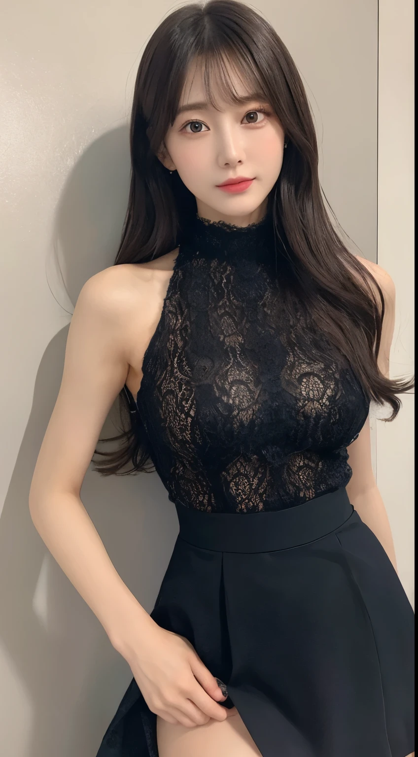 (High neck lace outfit、 rich breasts、 Sexually Excited、Put your legs out of the lace skirt、 Extremely Thin Waist )、(Age 19、 beautiful girl、 fine eye、 no makeup)、( best quality 、masterpiece:1.3、 super high definition)、( very detailed on trends、 caustics)、 rich breasts、 1 Japanese girl during the flight、smile、 is cute 、 black hair、medium hair、 movie lighting、 professional lighting、 is written in depth、 Color Difference