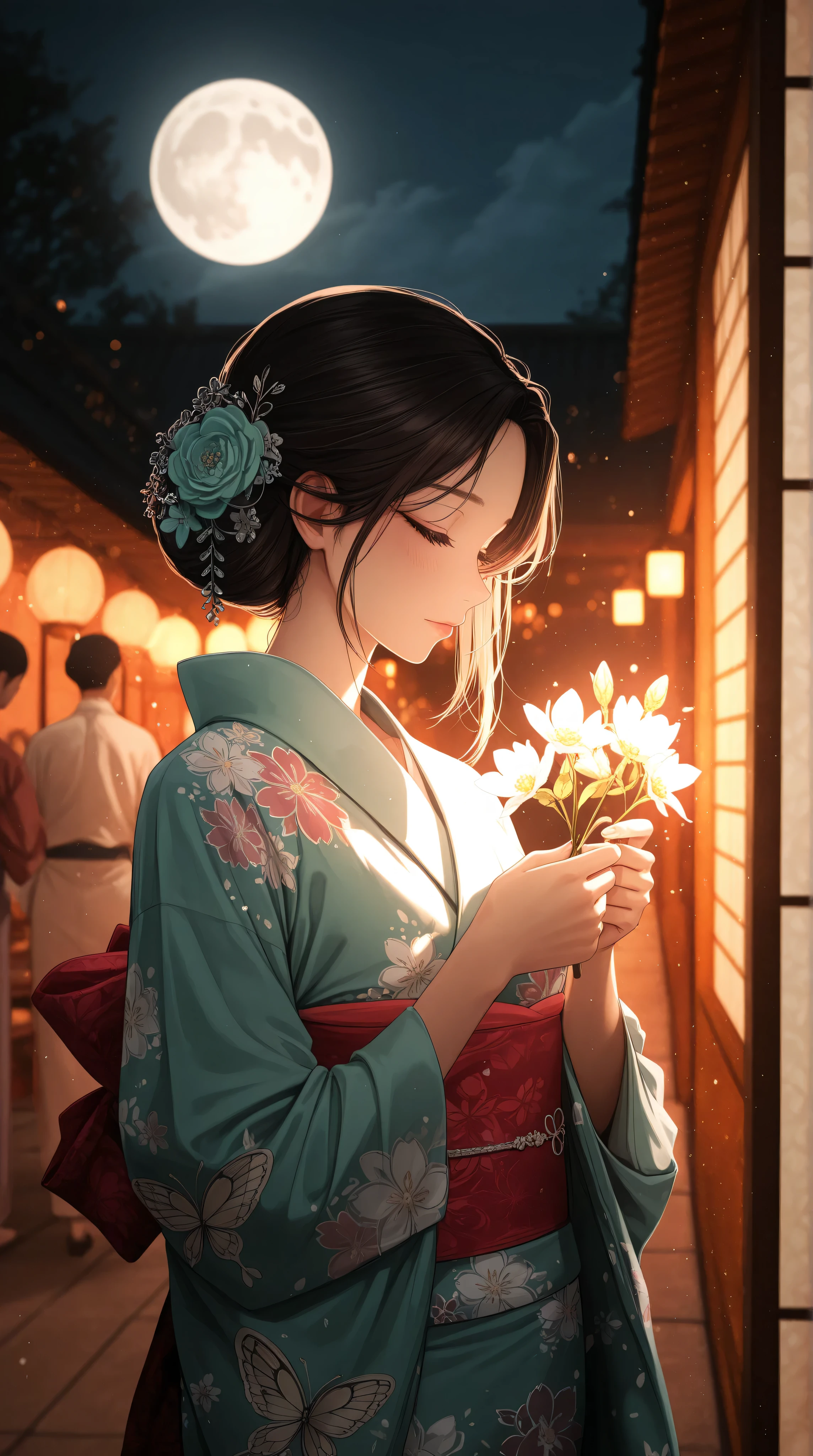 young korean girl, kimono, serene garden, full moon, sbutterflies and flowers, cinematic lighting, extremely detailed, 8K, masterpiece