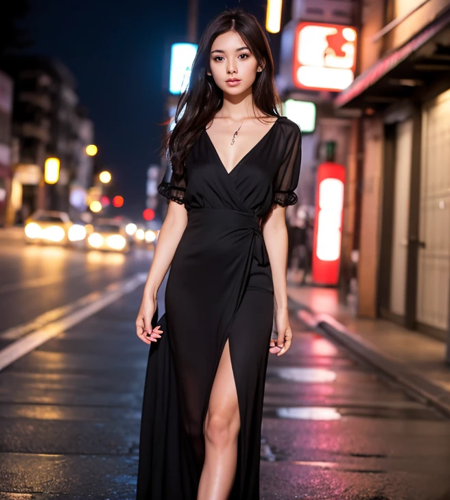 highest quality, masterpiece, high detail, 16k quality, detailed background, In the heart of Tokyo's vibrant cityscape, Stunning women between the ages of 27 and 40 elegantly adorn themselves , A sleeveless knitted dress that accentuates her charm. Tokyo at night、Girlfriend standing on a bustling street corner, Her eyes lock us with a seductive gaze. Her dress, Perfect fit and attractive, Emphasizes her bountiful breasts and gracefully tapering waist. her hair, Beautiful shades of light brown, flowing like silk, Framing her striking features. This seductive woman、Has a charming charm that attracts the attention of everyone around her. The dazzling neon signs of the bustling metropolis shine brilliantly, her hairを空気のような美しさで輝かせます. In this scene, in the hustle and bustle of the city, She stands as a beacon of charm and sophistication, Where the lights of the city dance in harmony with her beauty, Creating a tableau of timeless elegance in the heart of Tokyo.,