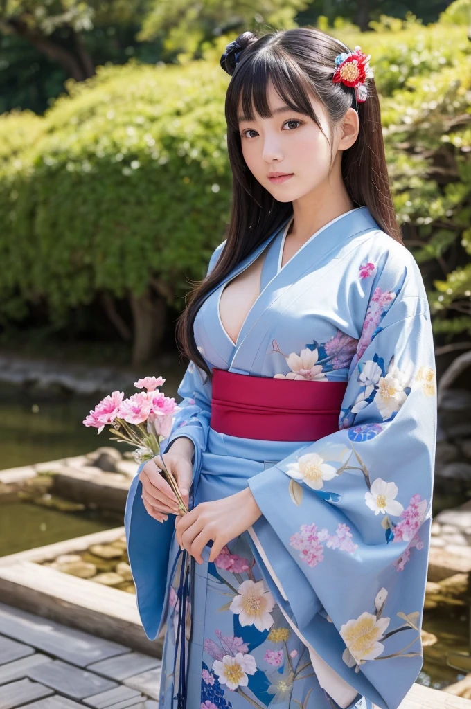 absurderes, ultra-detailliert,bright colour,(8K:1.5),masuter piece,extremely beautiful detailed face and eyes、Valley、Summer morning、Guibli,sexypose,Beautiful breasts,25years old,(Japanese Kimono:1.3)