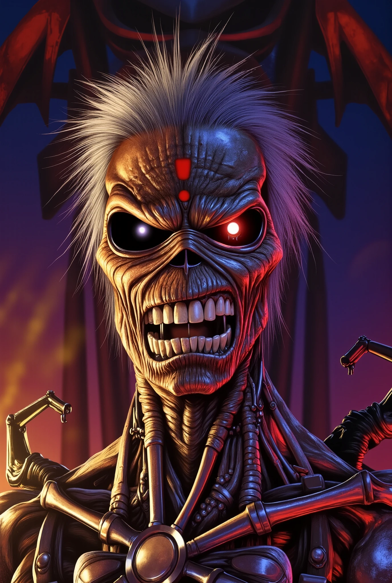 a close up of a person, ((a cyborg, technology, machine, muscular, terminator)) , 1 9 8 0's heavy metal album art, iron maiden, Eddie , iron maiden album cover, cheesy iron maiden motifs, metal album cover art, thrash metal, heavy metal artwork, maiden, heavy metal art style, hd wallpaper, angry rotting zombie, by Ignacio Zuloaga. ((cyberpunk background, cinematic neon lighting)). 