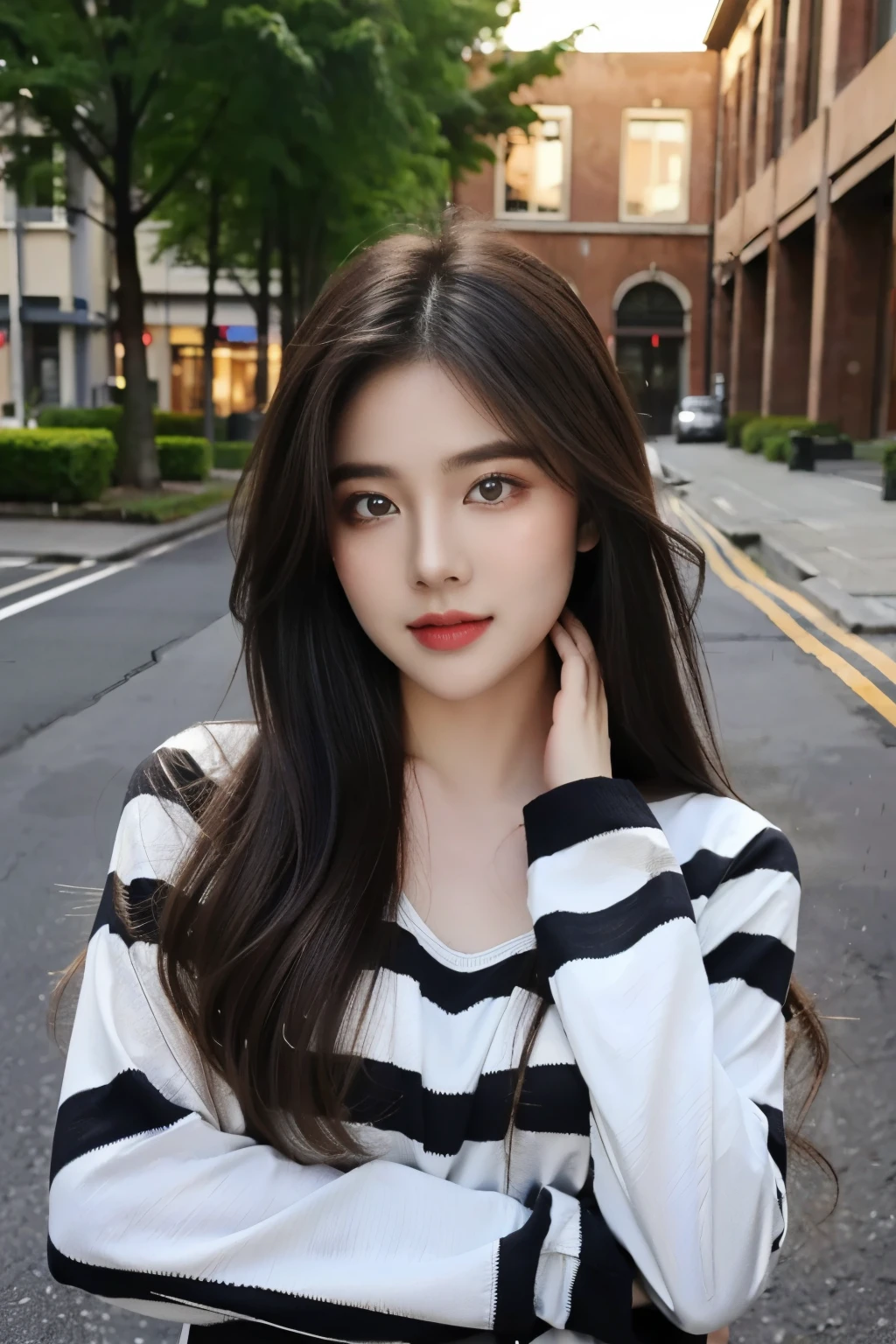 ((Masterpiece, RAW Photo, high quality, super detailed)), 1 girl, brown hair, best quality, Delicate face,Perfect face, ((lying silkworm eyes)), shinny skin, (realistic, photo-realistic:1.3), striped long sleeve t-shirt, outside modern cafe yard, look at the camera