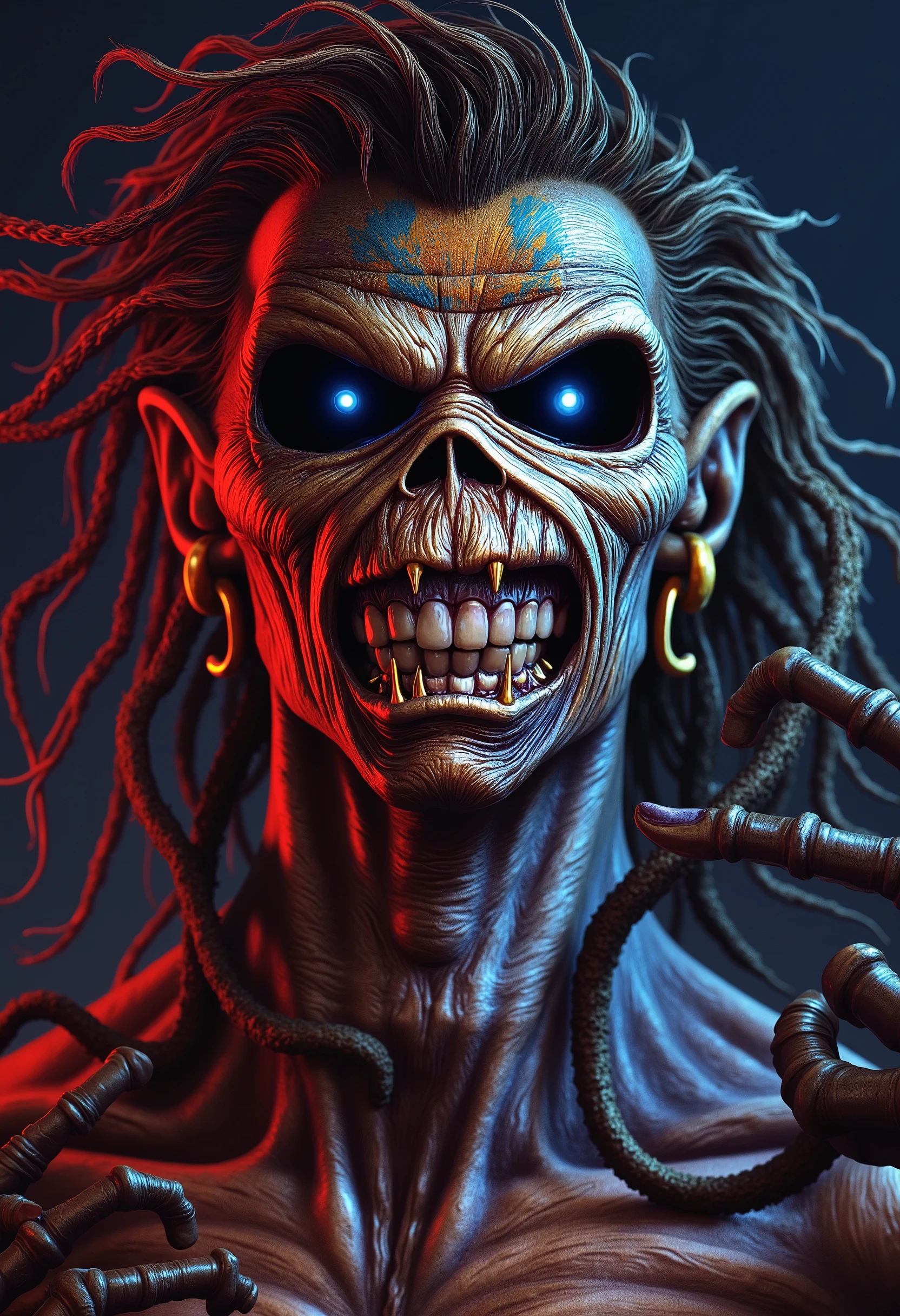 a close up of a person, ((a cyborg, technology, machine, muscular, terminator)) , 1 9 8 0's heavy metal album art, iron maiden, Eddie , iron maiden album cover, cheesy iron maiden motifs, metal album cover art, thrash metal, heavy metal artwork, maiden, heavy metal art style, hd wallpaper, angry rotting zombie, by Ignacio Zuloaga. ((cyberpunk background, cinematic neon lighting)).
