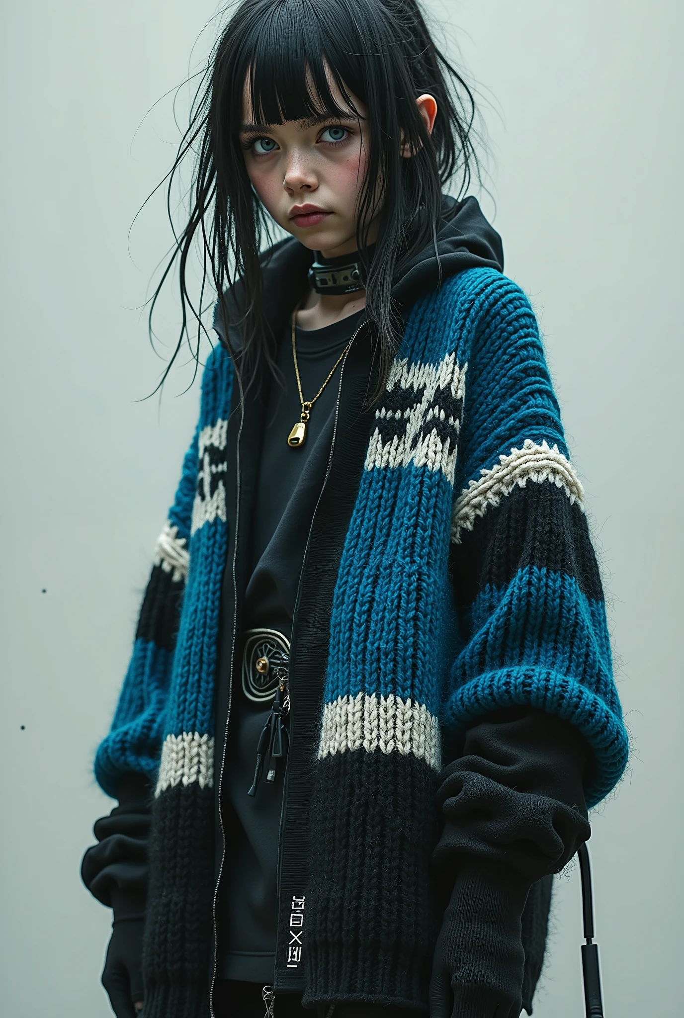 Full body portrait、Extra thick thread で編まれたカウチンカーディガンを着ている少女、［Jacket composition ：Color scheme based on blue 、 has a black tribal pattern 、Mohair yarn is blue 、 black is sold wool yarn ］、cyberpunk emo girl  、(( HARDCORE PUNK GIRL))、 Extra thick thread 、((Cowichan sweater))、  cyberpunk themed costume
