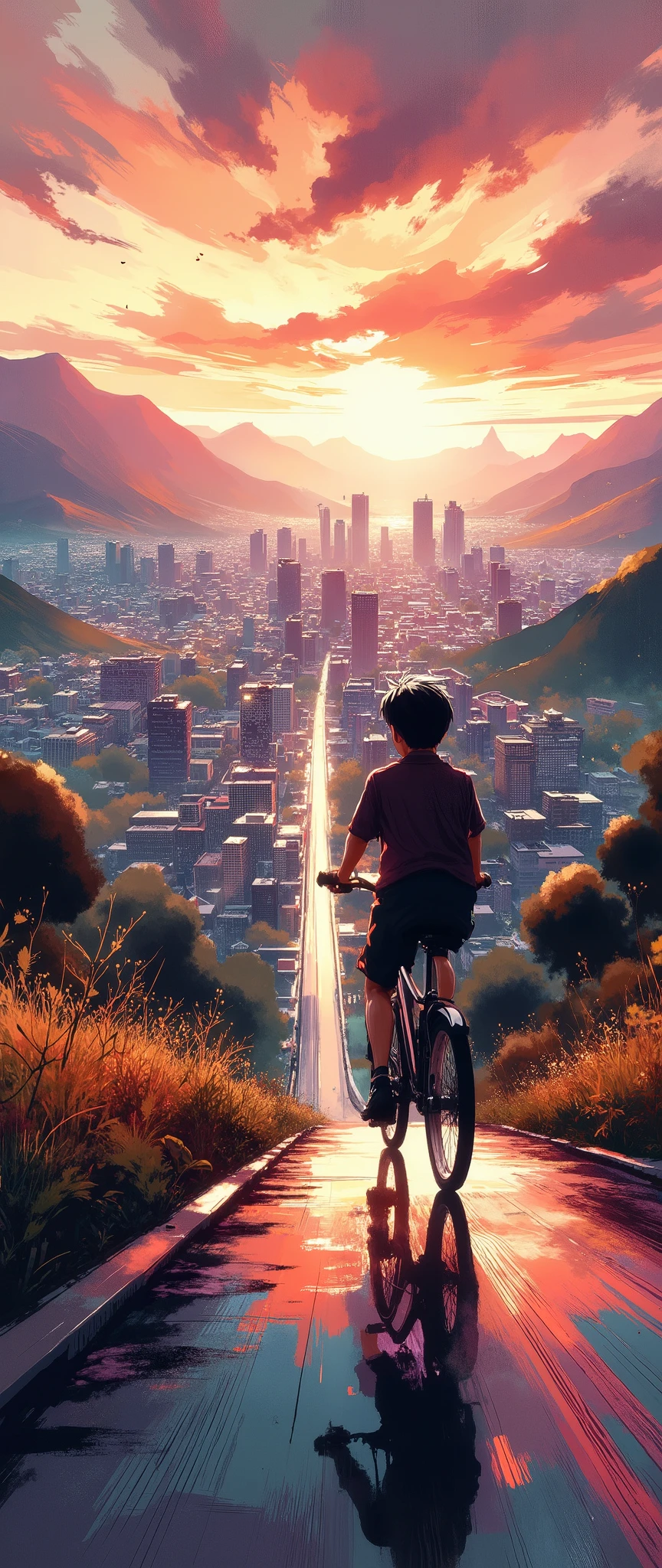 (Masterpiece:1.2, EXCEPTIONAL QUALITY ,Mirror Finish , Cinematic experience , Best Illustration ), Ultra-Fine , highly detailed ,8k,16k, wallpaper,Back view of a boy riding a bicycle,View of the city from a small hill, nostalgic, anime artwork ,Japanese style landscape,Sunset,Calm,Cityscape