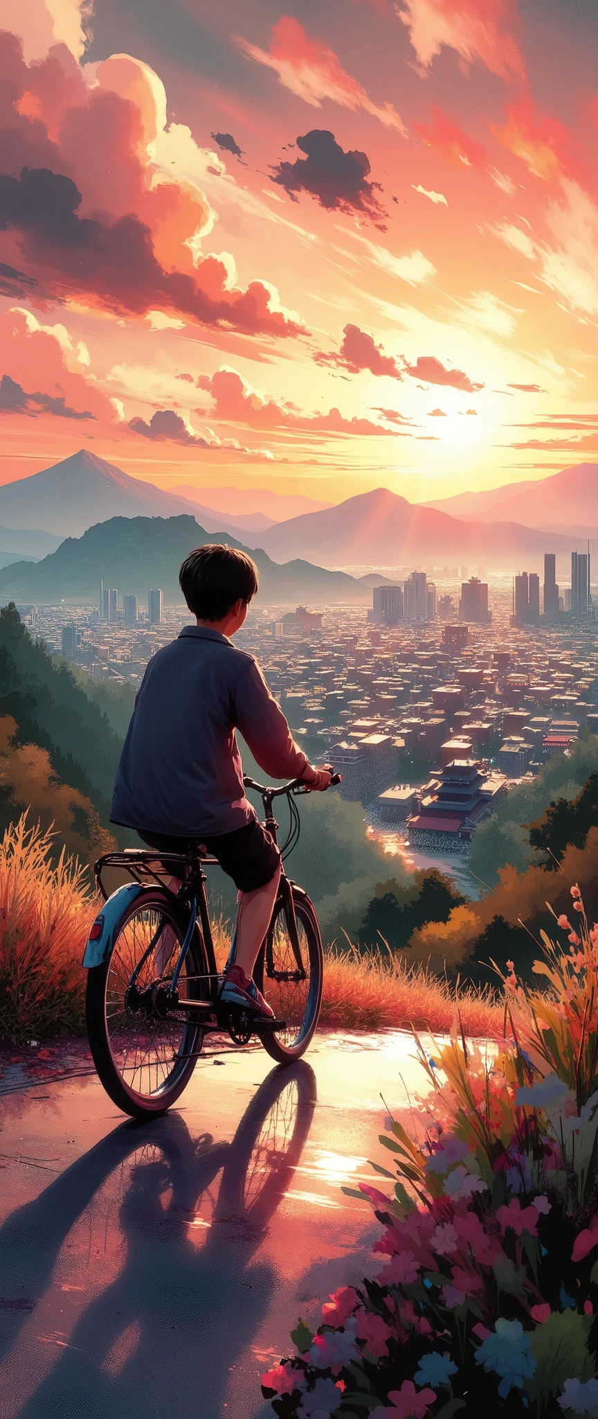(Masterpiece:1.2, EXCEPTIONAL QUALITY ,Mirror Finish , Cinematic experience , Best Illustration ), Ultra-Fine , highly detailed ,8k,16k, wallpaper,Back view of a boy riding a bicycle,View of the city from a small hill, nostalgic, anime artwork ,Japanese style landscape,Sunset,Calm,Cityscape