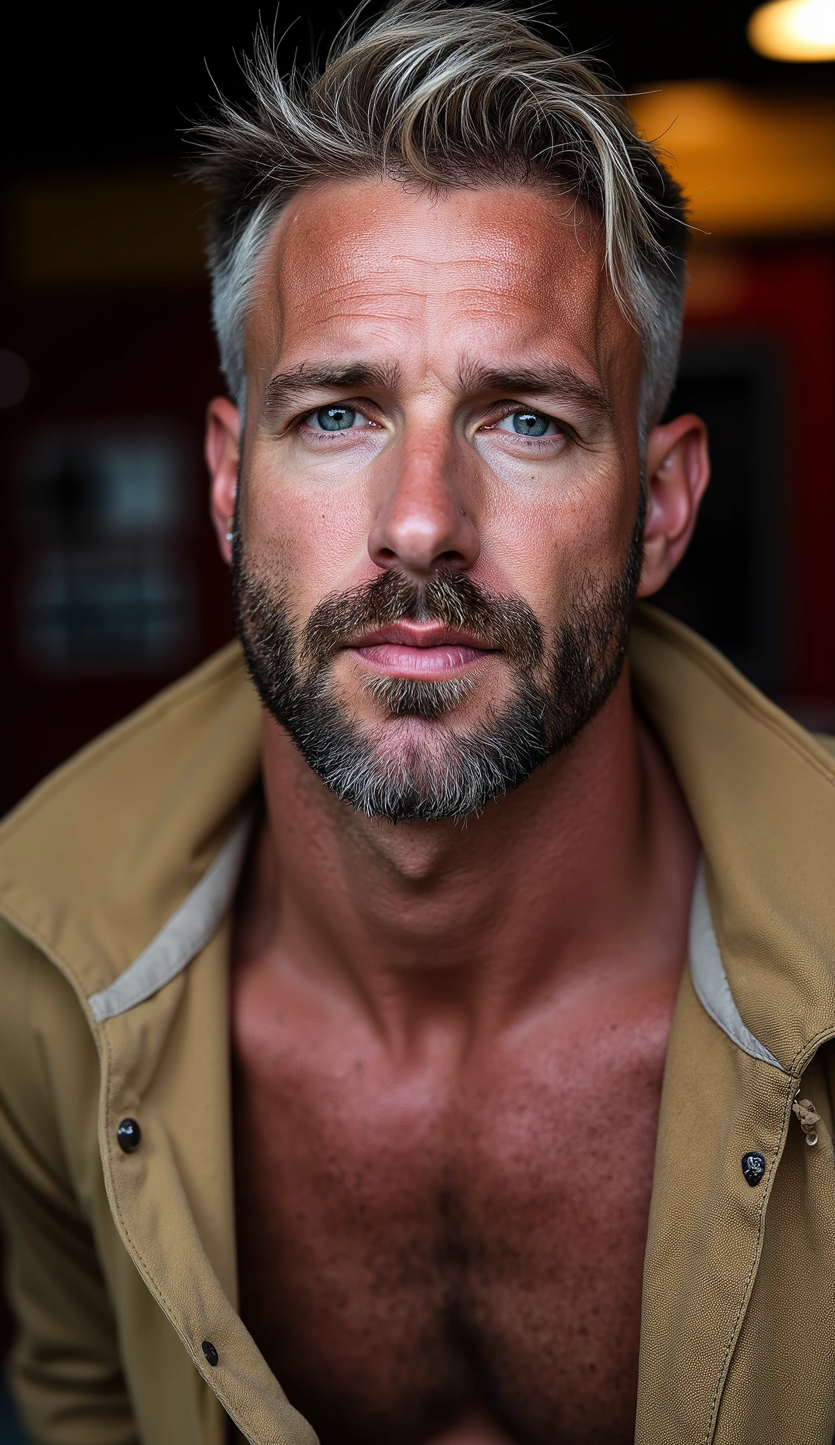 masterpiece, best quality, high resolution, closeup portrait, male focus, solo focus, A man, 45 years old, with firefighter uniform, firefighter suit, firefighter, bleached blonde silver hair, looking french, messy short hairstyle, lean body, cute and seductive face, bare chest, dirty body, messy hair, body hair, facial hair, facial hair unshaved, roman nose, very skinny body, hairy legs, dimples, medium beard, bold jawline , in the background a fire station,  view from below, amazing composition, front view, HDR, ultra quality, elegant, highly detailed