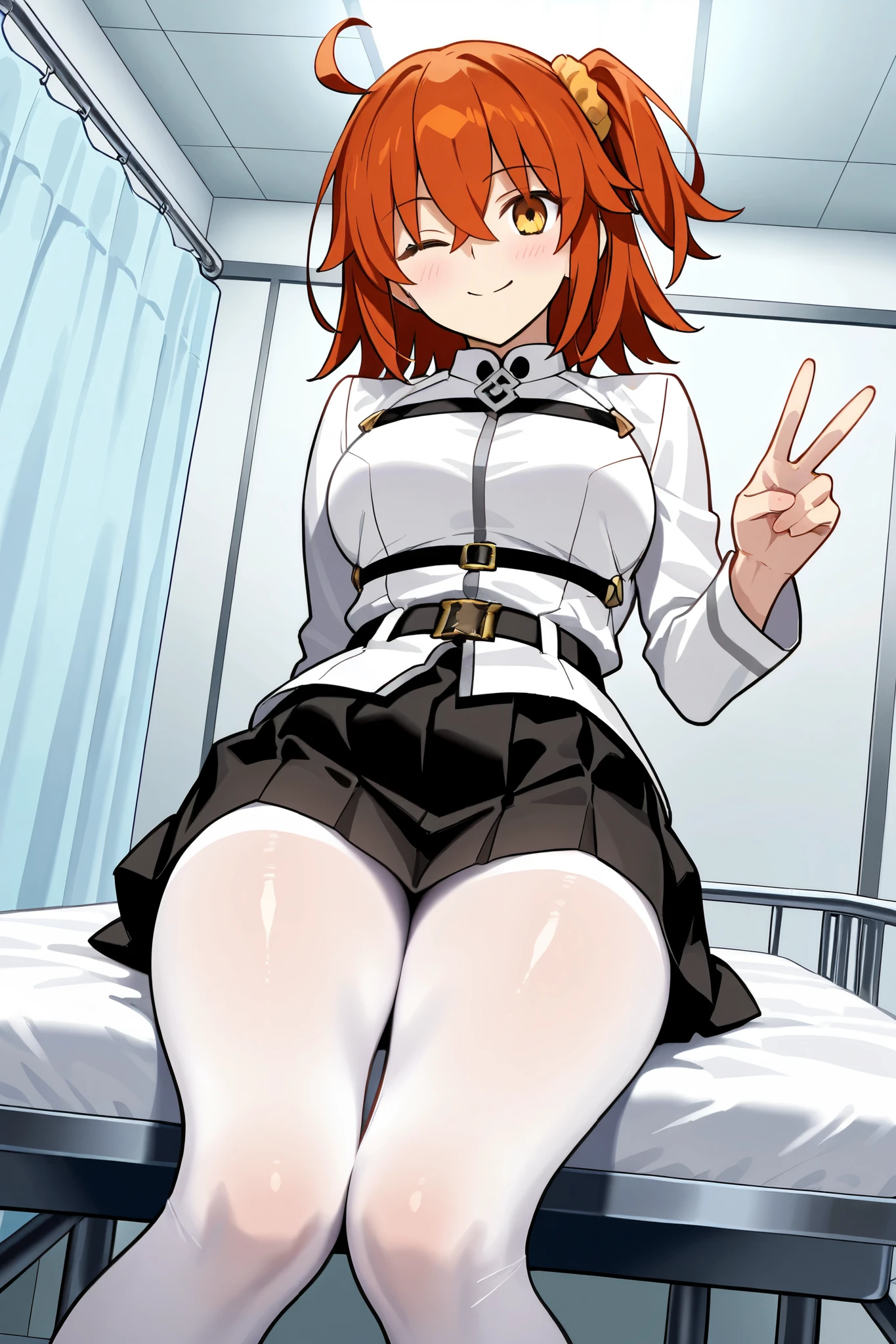 makima\(chainsaw man\), highres, masterpiece, smile, long sleeves, long hair, red hair, pantylines, solo, looking at viewer, pantyhose, yellow eyes, 1girl, white shirt, ass, braided ponytail, shirt, braid, ringed eyes, simple background, white background, collared shirt, pantyhose, foot focus, big ass, toes, breasts, tits, nipples, nsfw