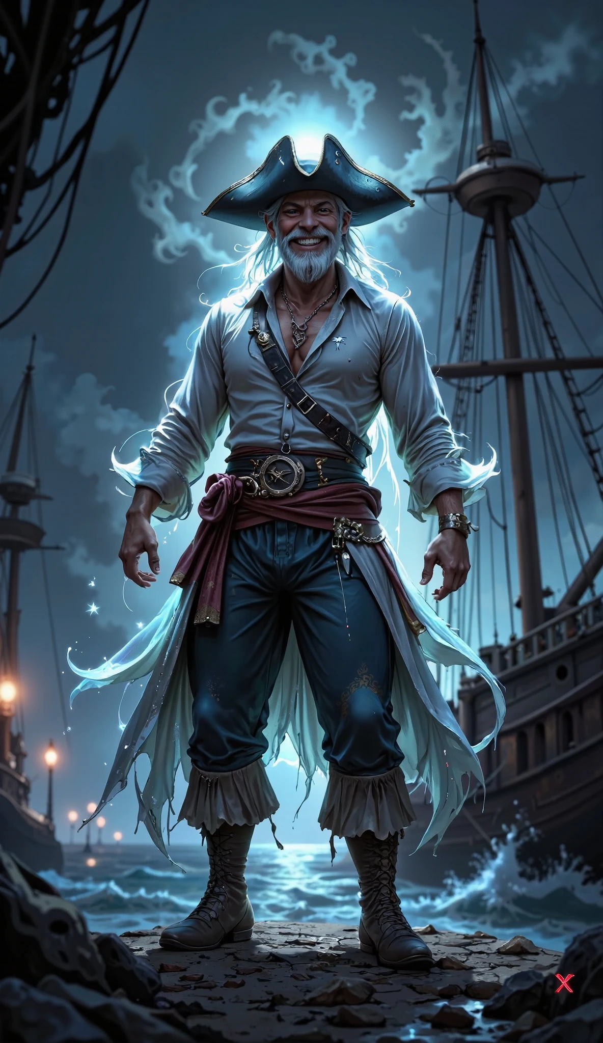 the ghost of a good pirate, who smiles and has fun at full height