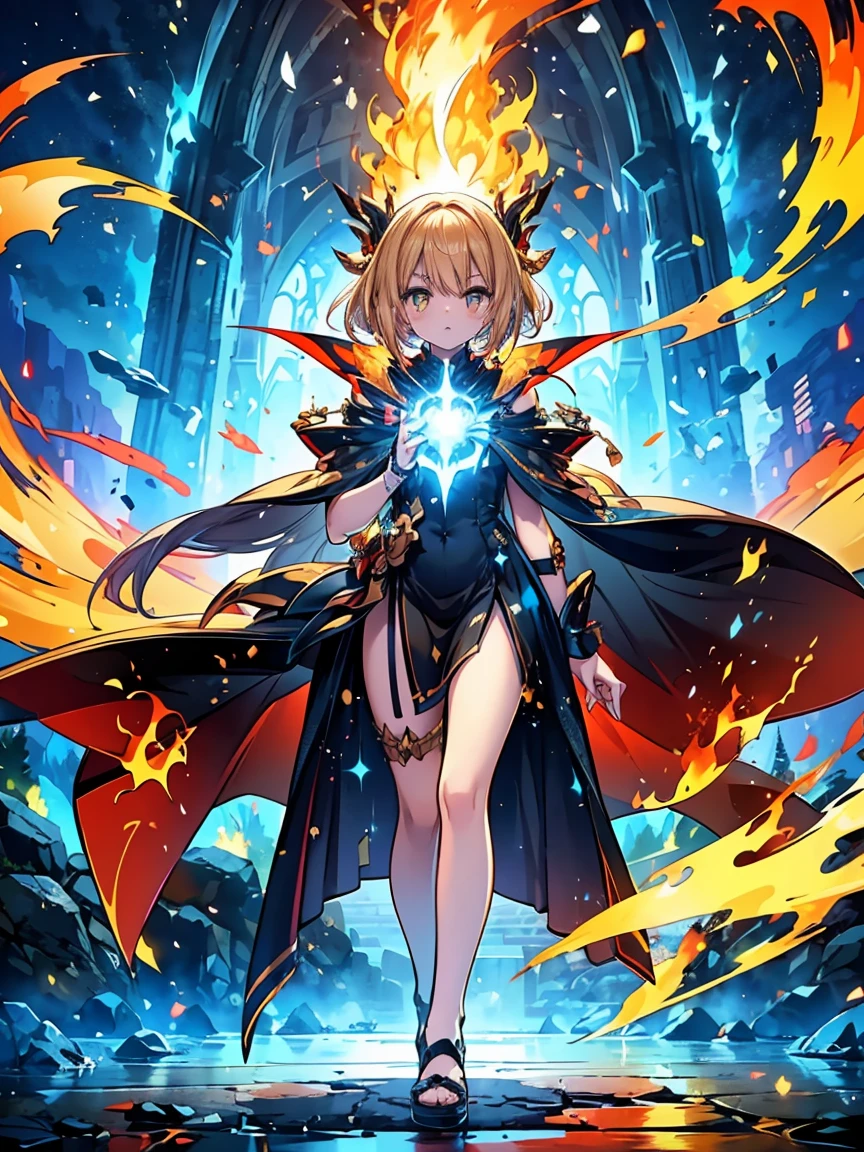 Super beautiful shining eyes、Beautiful demon sorceress casting fire spells、((Holding a long golden magician's wand))、Stand watch the viewer、various burning chains around her、((detailed flawless face)))、Light smile、beautiful countenance、seductive body、tall body、Mature body、BREAK Burning Aura、fireball、orange and yellow spark dazzling around、Little blue phoenix flying in the background、Lava on the ground、 the magma、Sexy Body Blake、detaileds、realisitic、4K highly detailed digital art、octan render、bio luminescent、Concept art in break 8K resolution、真实感、Mappa Studio、masterpiece、top-quality、Official Art、illustratio、Ligne Claire、(cool_color)、perfect-composition、absurderes、Fantasia、focus、thirds rule、
