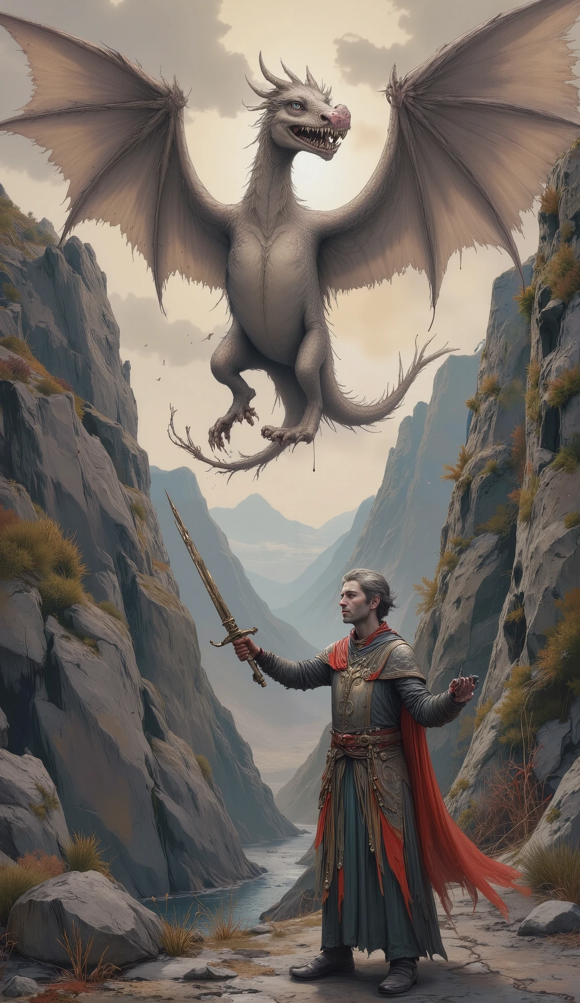 ( Create an epic image of the popular game Dungeons and Dragons:1.5), ( Flying Dragon taking on a warrior in an epic battle, cliffs:1.6), Fire, masterpiece, hyper Detailed, Mystic, magic, por la noche, general plane , cinematic lighting , Ultra image quality, high definition , 32k