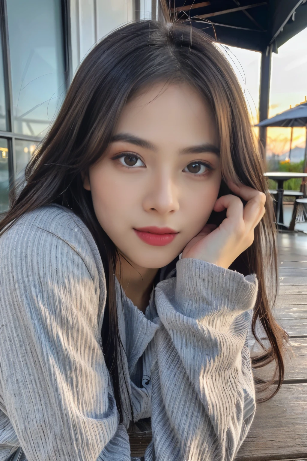 ((Masterpiece, RAW Photo, high quality, super detailed)), 1 girl, brown hair, best quality, Delicate face,Perfect face, ((lying silkworm eyes)), shinny skin, (realistic, photo-realistic:1.3), striped long sleeve t-shirt, in modern cafe yard, look at the camera