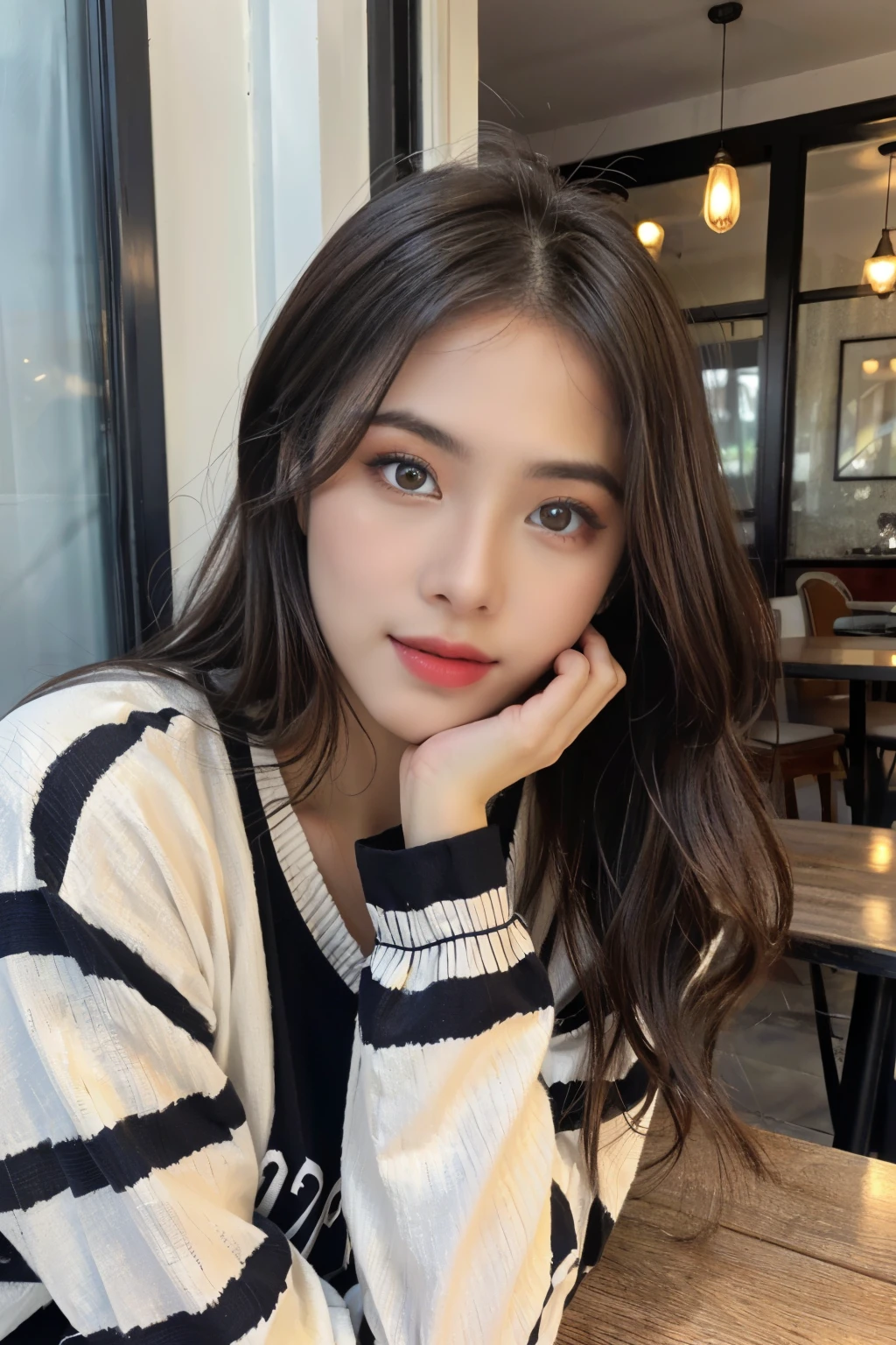 ((Masterpiece, RAW Photo, high quality, super detailed)), 1 girl, brown hair, best quality, Delicate face,Perfect face, ((lying silkworm eyes)), shinny skin, (realistic, photo-realistic:1.3), striped long sleeve t-shirt, in modern cafe yard, look at the camera