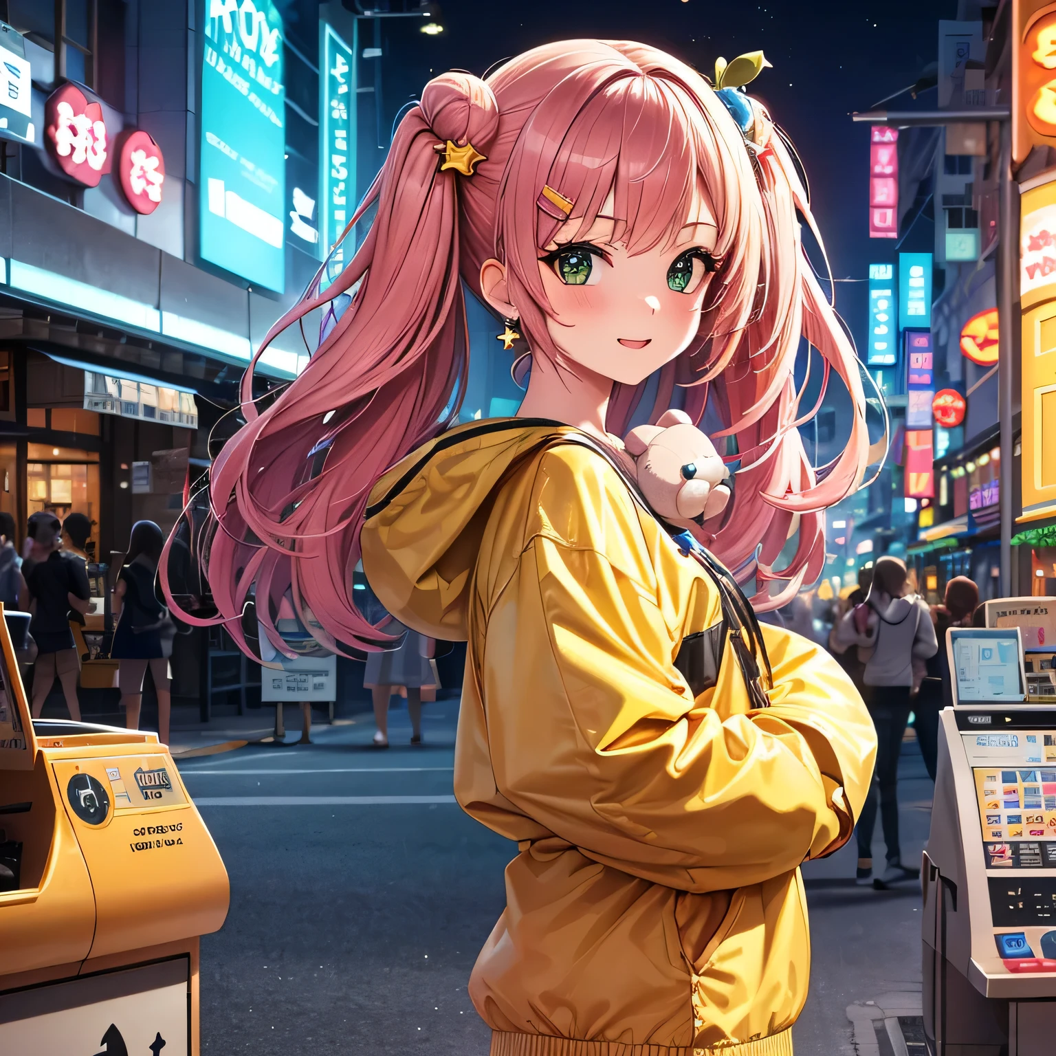 ((Masterpiece)), best quality, absurderes, ultra detailed, holographic, cowboy shot, golden ratio, super cute girl, mature girl, super beautiful asian girl with very beautiful violet glowing eyes, beautiful glowing brown multicolored hair, high ponytail, nice and sexy body, slim body, perfect body, wearing super tight anime printed mini boxers, an anime printed super tight off shoulder long sleeve crop top, beautiful hair ornament, pink jordan tennis, being photographed in an anime themed amusement park