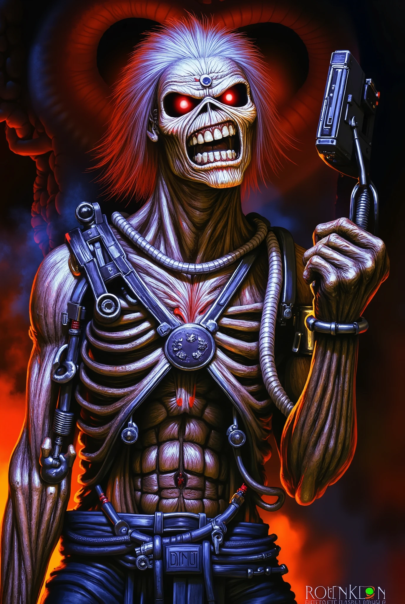 a close up of a person, ((a cyborg, technology, machine, muscular, terminator)) , 1 9 8 0's heavy metal album art, iron maiden, Eddie , iron maiden album cover, cheesy iron maiden motifs, metal album cover art, thrash metal, heavy metal artwork, maiden, heavy metal art style, hd wallpaper, angry rotting zombie, by Ignacio Zuloaga. ((cyberpunk background, cinematic neon lighting)). 