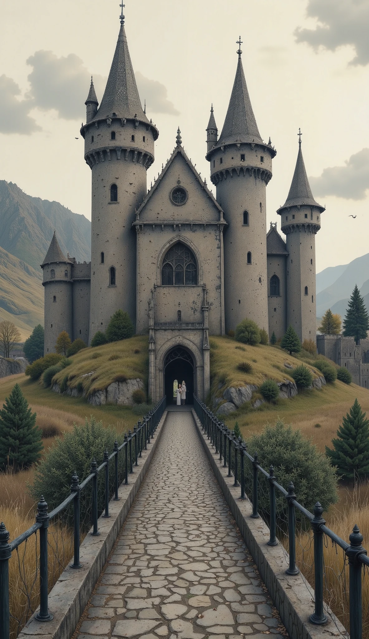 1 medieval fantasy scene ,  Detailed medieval castle , gothic architecture,  Dramatic lighting , gloomy atmosphere, overcast ,  Wavy hills ,  lush green meadows , stone bridges ,  cobbled streets ,  ornate iron gates ,  wooden watch towers, ( envelopes,4k,8K,highres, masterpiece:1.2), ultra detailed ,(realistic,photorealistic,photo-realistic:1.37), intricate textures , rich color palette,  dramatic chiaroscuro ,  film composition , grand scale , 15th century,  Historical precision 