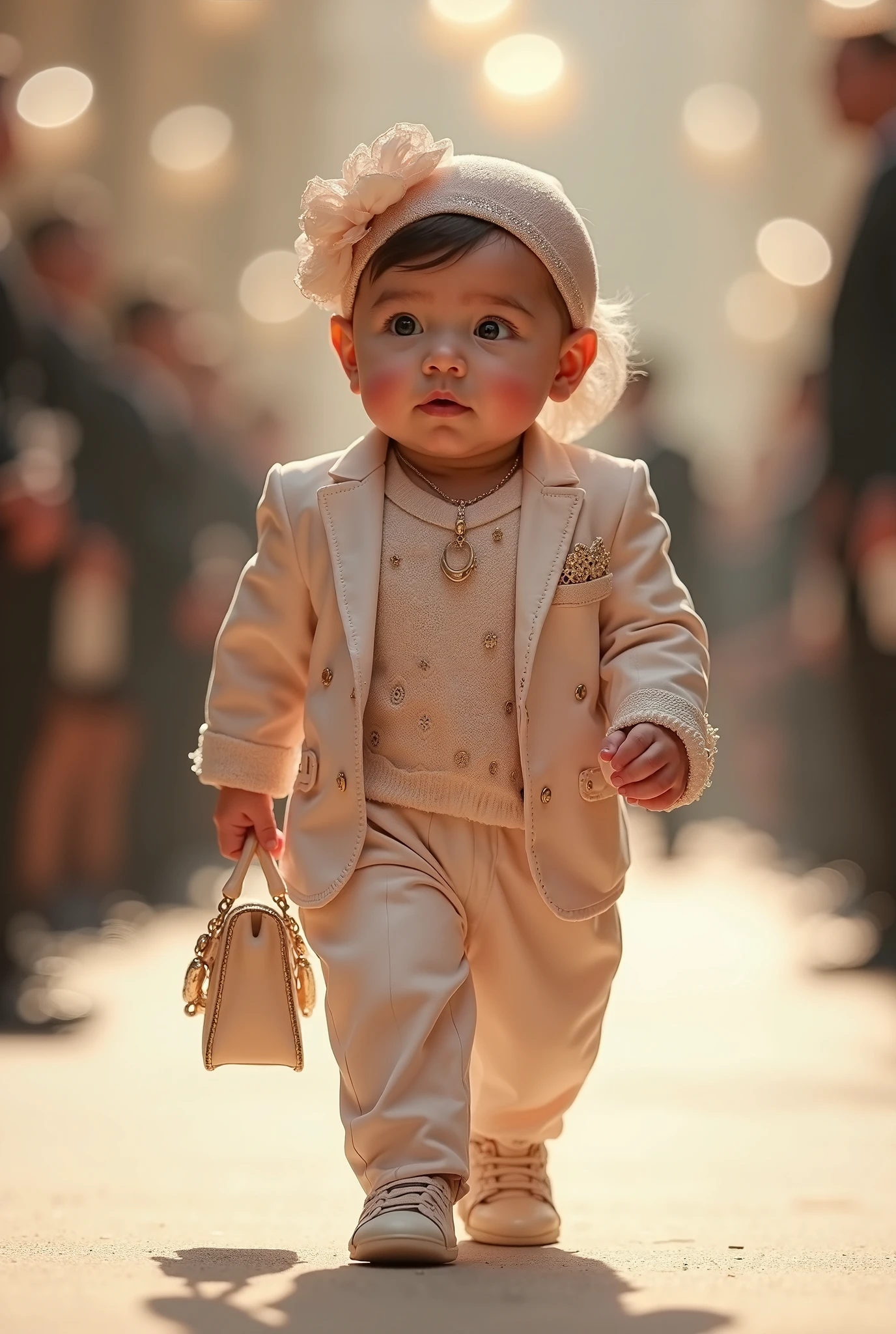 Hyperrealistic Full Body Photo of Newborn Baby Girl Walking in Billionaire&#39;s Costume Behind Close Protection Men Realistic As Real Life