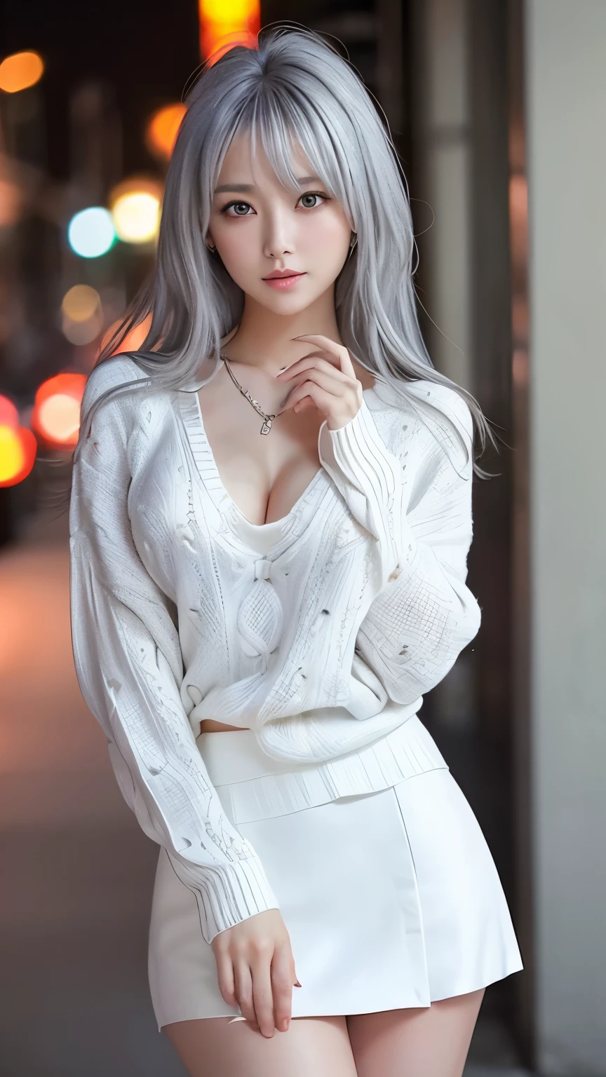 Realistic young gravure idol、japanese model、Young and cute gravure idol、attractive pose、japanese goddess、young gravure idol、Young skinny gravure idol、(masterpiece:1.3)、(8K、photorealism、Raw photo、best image quality:1.4)、18 year old Japanese girl、super detail face、eye for details、double eyelid、sharp focus:1.2、Beautiful woman:1.4、highest quality、Super high resolution、(Photoreal:1.4)、thin、肋骨が浮かぶcityscape、in cyberpunk city、cityscape、girl、laughter、((gray hair))、wavy hair、bun hair、hairpin、purple hair band、beautiful and fine eyes、sweater dress、ribbed sweater、mini skirt、(The skirt has a slit that goes all the way to the waist.:1.2)、(You can see black panties through the slit:1.2)、sexy lingerie、garter belt stockings、knees、Knee-high boots、necklace、half glove ingarless shit、all、((skirt lift))、
