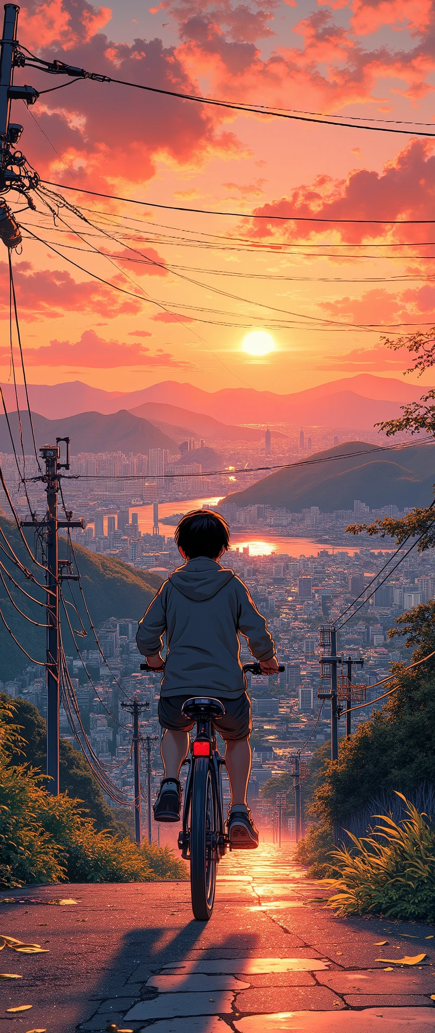 (Masterpiece:1.2, EXCEPTIONAL QUALITY ,Mirror Finish , Cinematic experience , Best Illustration ), Ultra-Fine , highly detailed ,8k,16k, wallpaper,Back view of a boy riding a bicycle,View of the city from a small hill, nostalgic, anime artwork ,Japanese style landscape,Sunset,Calm,Cityscape