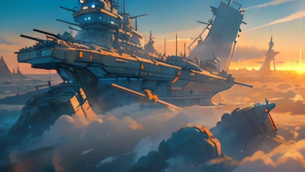 (( Soratrobo's Worldview )),(Sky Island),sea of clouds, Graveyard of Air Battleships ,sunset, Iron Rust Is Decaying,(Floating in the air),wreckage,Slam Style ,