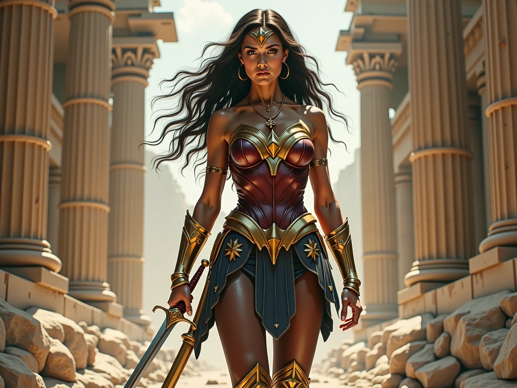 Create a captivating image depicting Michonne from The Walking Dead series dressed as Wonder Woman engaged in an epic battle against Batman's Joker, all set in a post-apocalyptic setting.