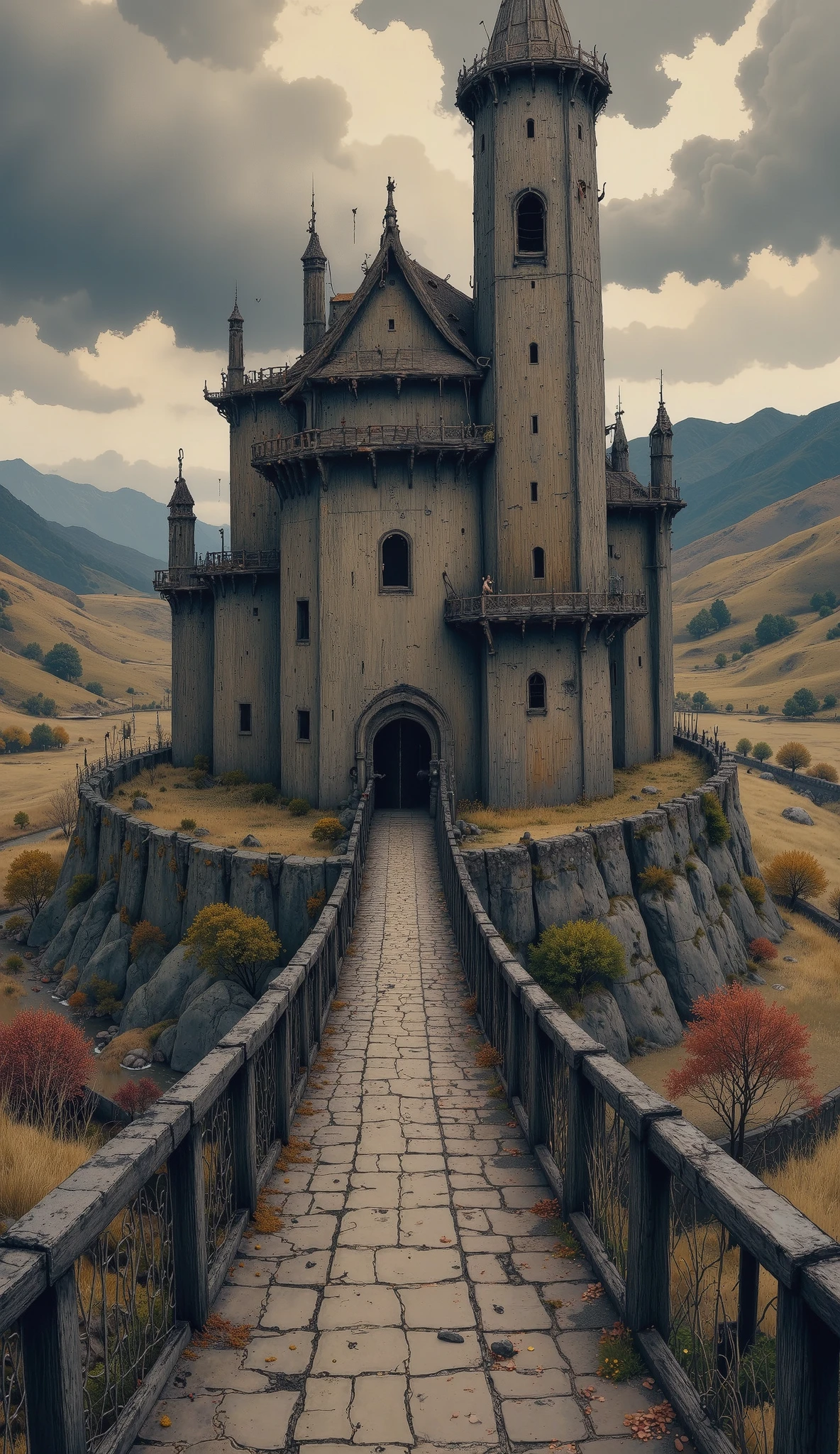 1 medieval fantasy scene , Detailed medieval castle , gothic architecture, Dramatic lighting , gloomy atmosphere, overcast , Wavy hills , lush green meadows , stone bridges , cobbled streets , ornate iron gates , wooden watch towers, ( envelopes,4k,8K,highres, masterpiece:1.2), ultra detailed ,(realistic,photorealistic,photo-realistic:1.37), intricate textures , rich color palette, dramatic chiaroscuro , film composition , grand scale , 15th century, Historical precision